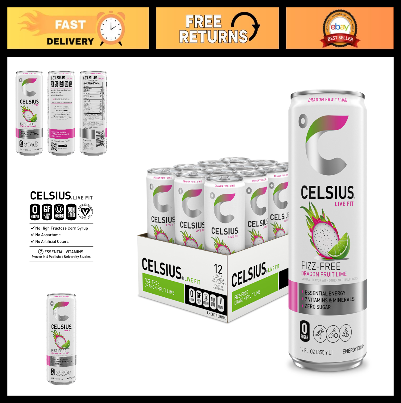 Sugar Free Energy Drink   Dragon Fruit Lime Fizz, 12 Fl Oz, Pack of 12 Cans0