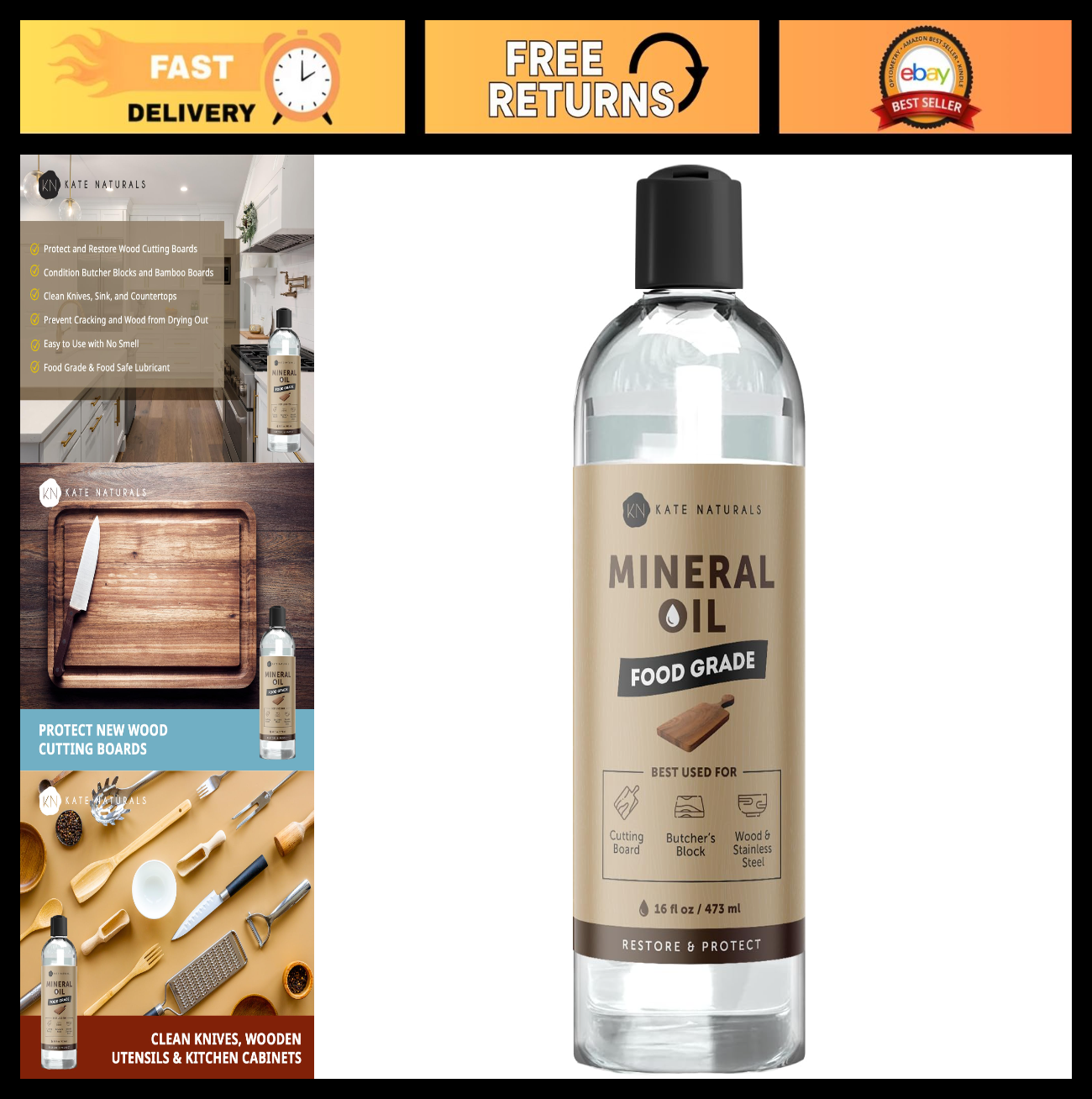 Food Grade Mineral Oil for Wood Cutting Board & Butcher Block   16oz Safe Use0