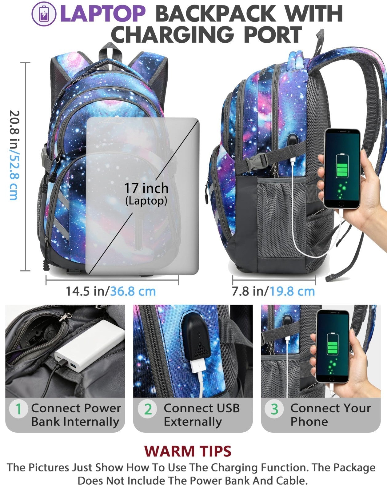 Extra Large Laptop Backpack for College Travel, USB Charging, Anti Theft, Fits 13