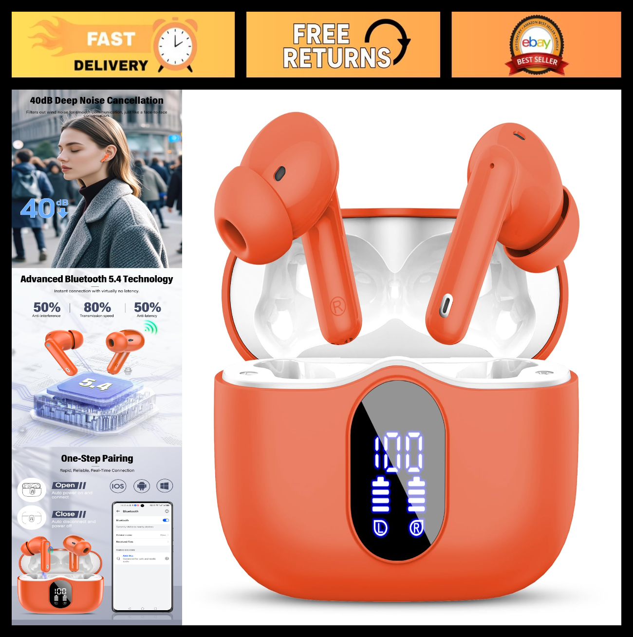 Bluetooth 5.4 Wireless Earbuds, Noise Cancelling, 36H Playtime, IP7 Waterproof,0