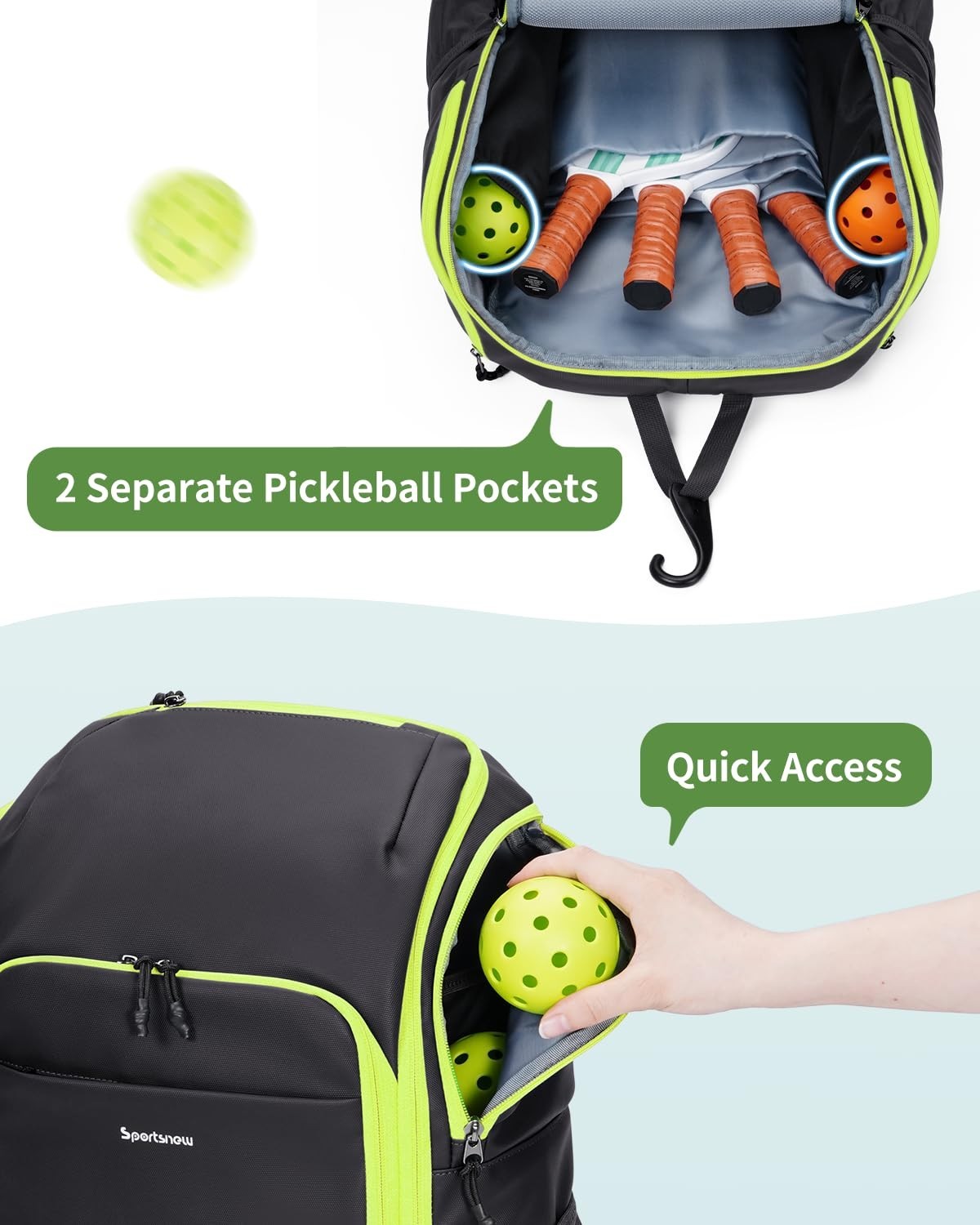 Waterproof Pickleball Bag with Shoe Compartment & Fence Hook | 30L, 2 Pockets, A2