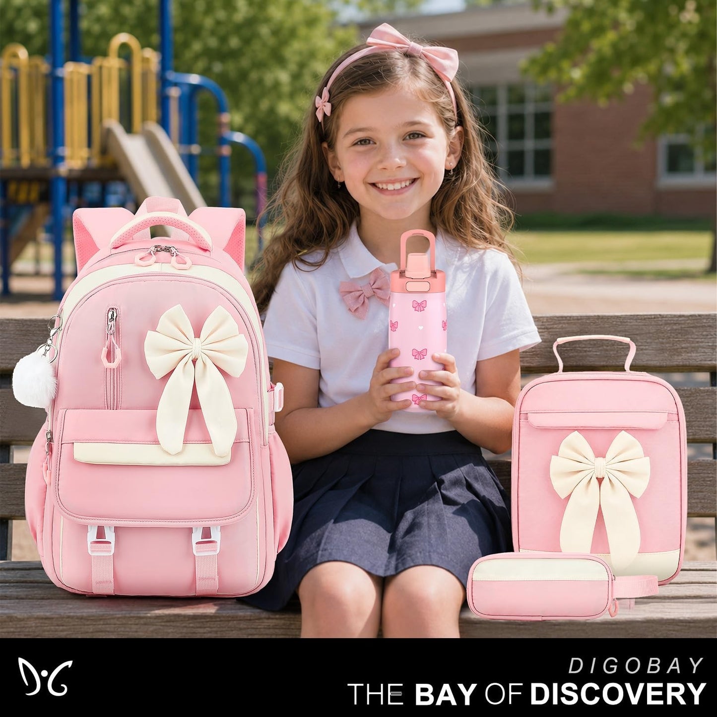 Stylish 4PCS Girls Backpack Set with 14OZ Water Bottle, Lunch Bag & Pencil Case2
