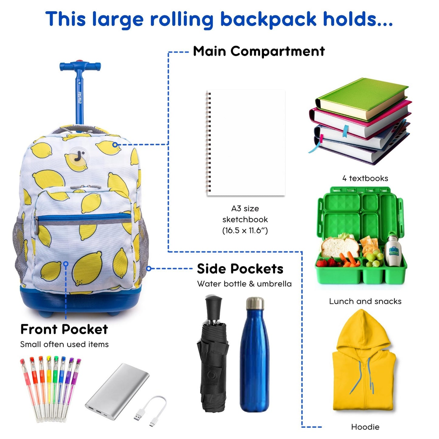 Kids Rolling Backpack with Wheels, 18" School Bookbag for Girls & Boys, Lemona2
