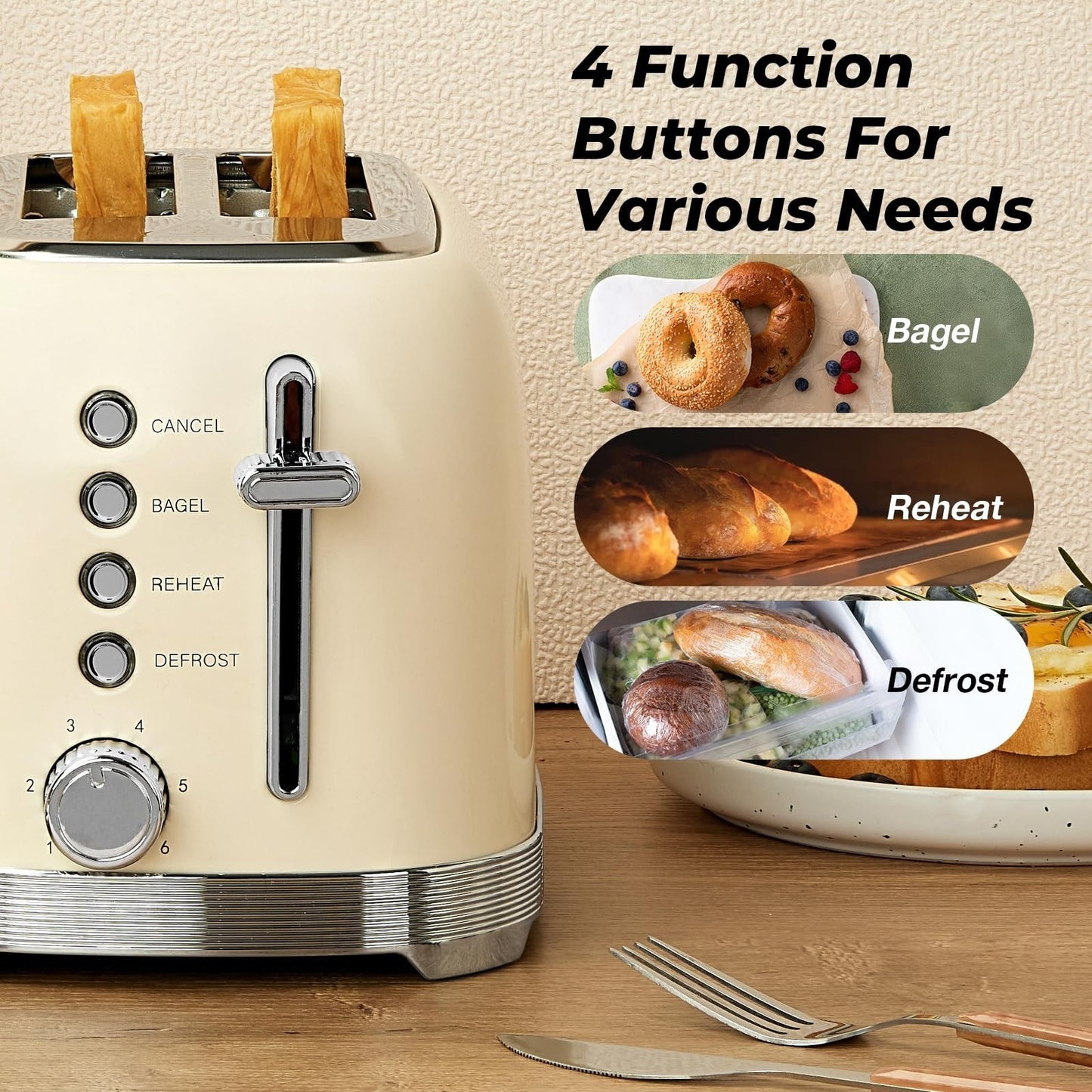Retro 2 Slice Stainless Steel Toaster in Cream White, Compact Design, Easy Clean5