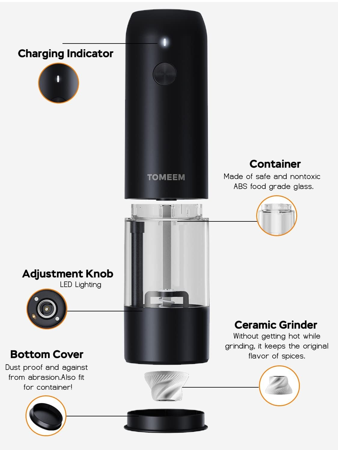 Rechargeable Electric Salt & Pepper Grinder Set with LED, Adjustable Coarseness,7