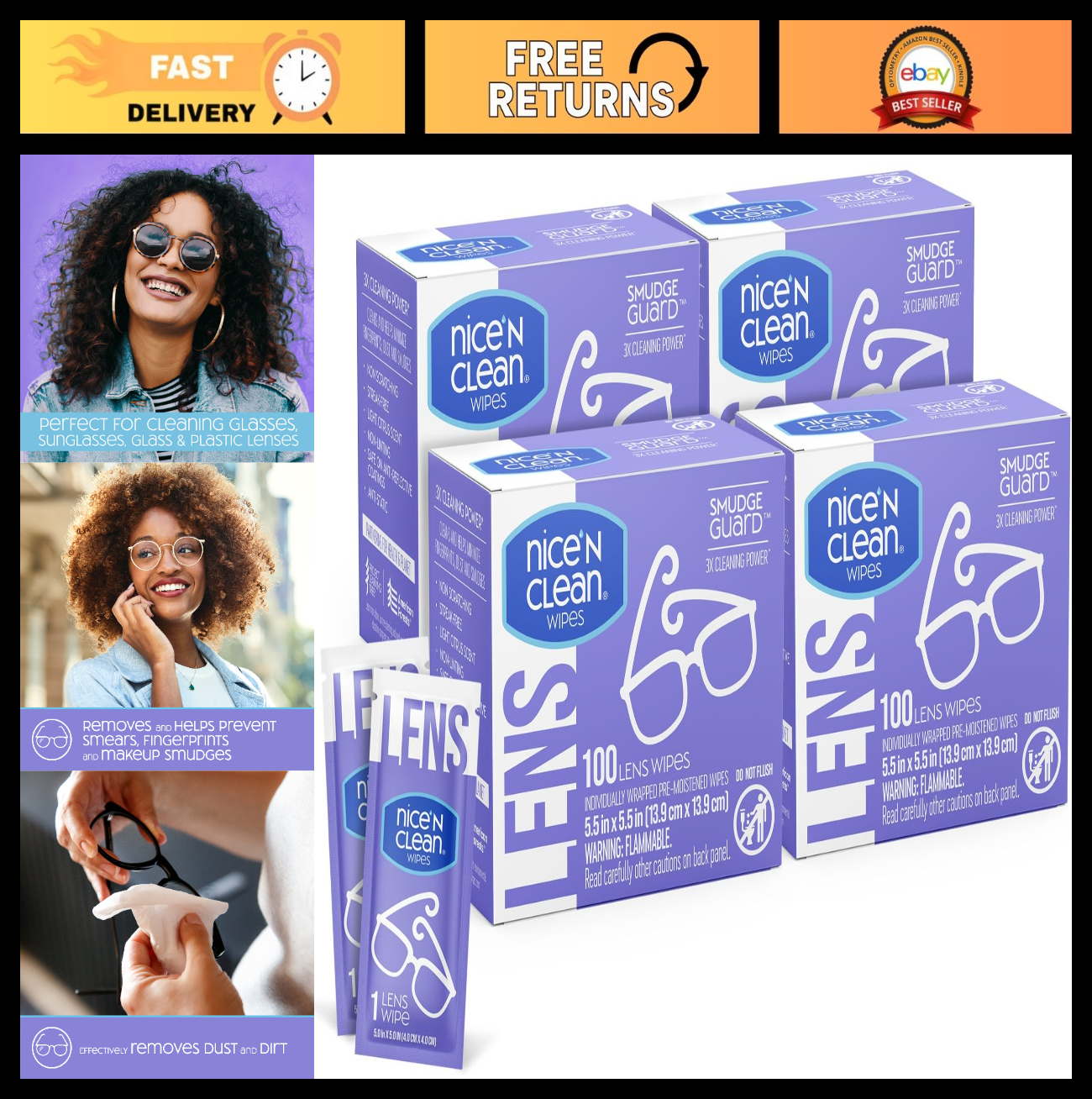 400 Individually Wrapped Lens Cleaning Wipes | Ammonia-Free, Pre-Moistened, Smud0