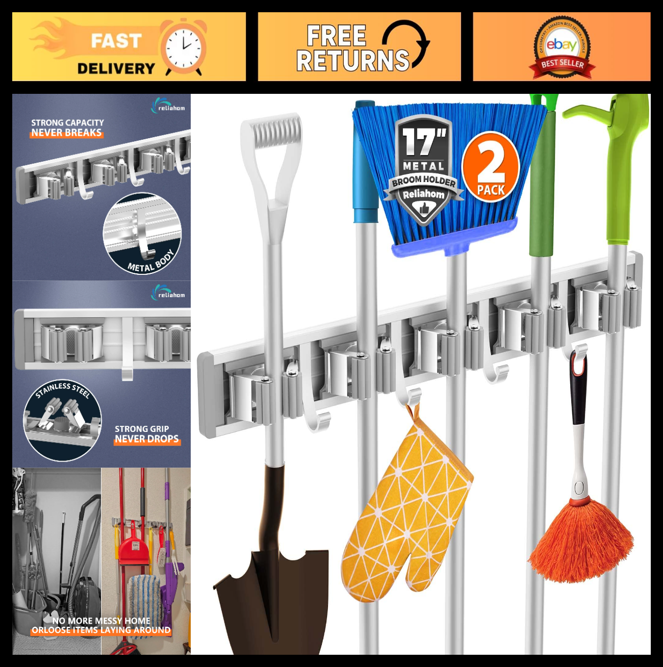 Wall Mount Broom Holder & Mop Organizer - 5 Racks & 4 Hooks, Space-Saving Tool S0