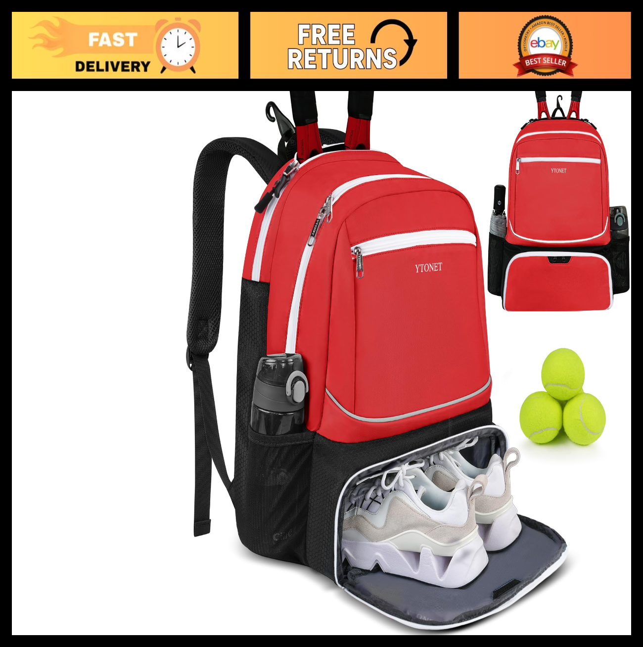 Insulated Tennis Backpack for 2 Rackets, Ventilated Shoe Compartment, Unisex0
