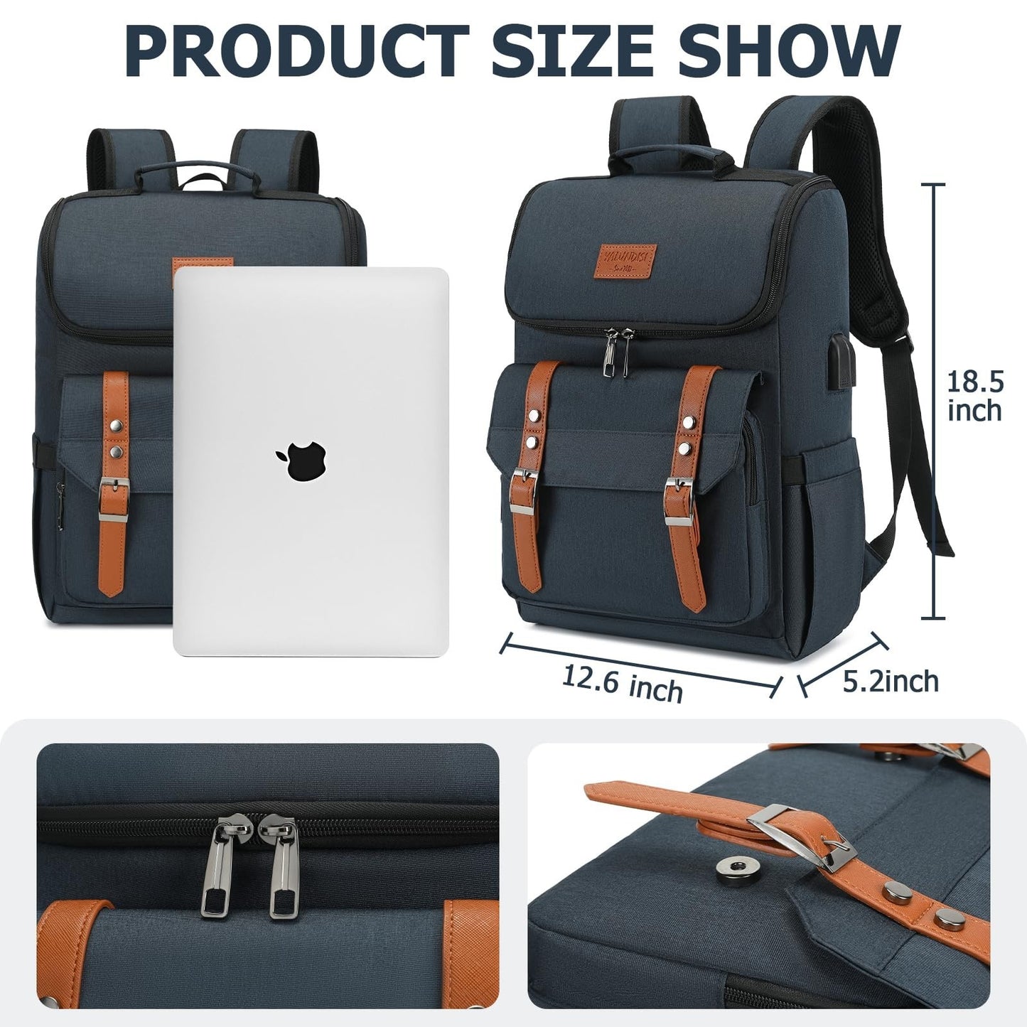 Vintage Travel Laptop Backpack with USB Charging Port - Fits 15.6" Laptops, Blue4