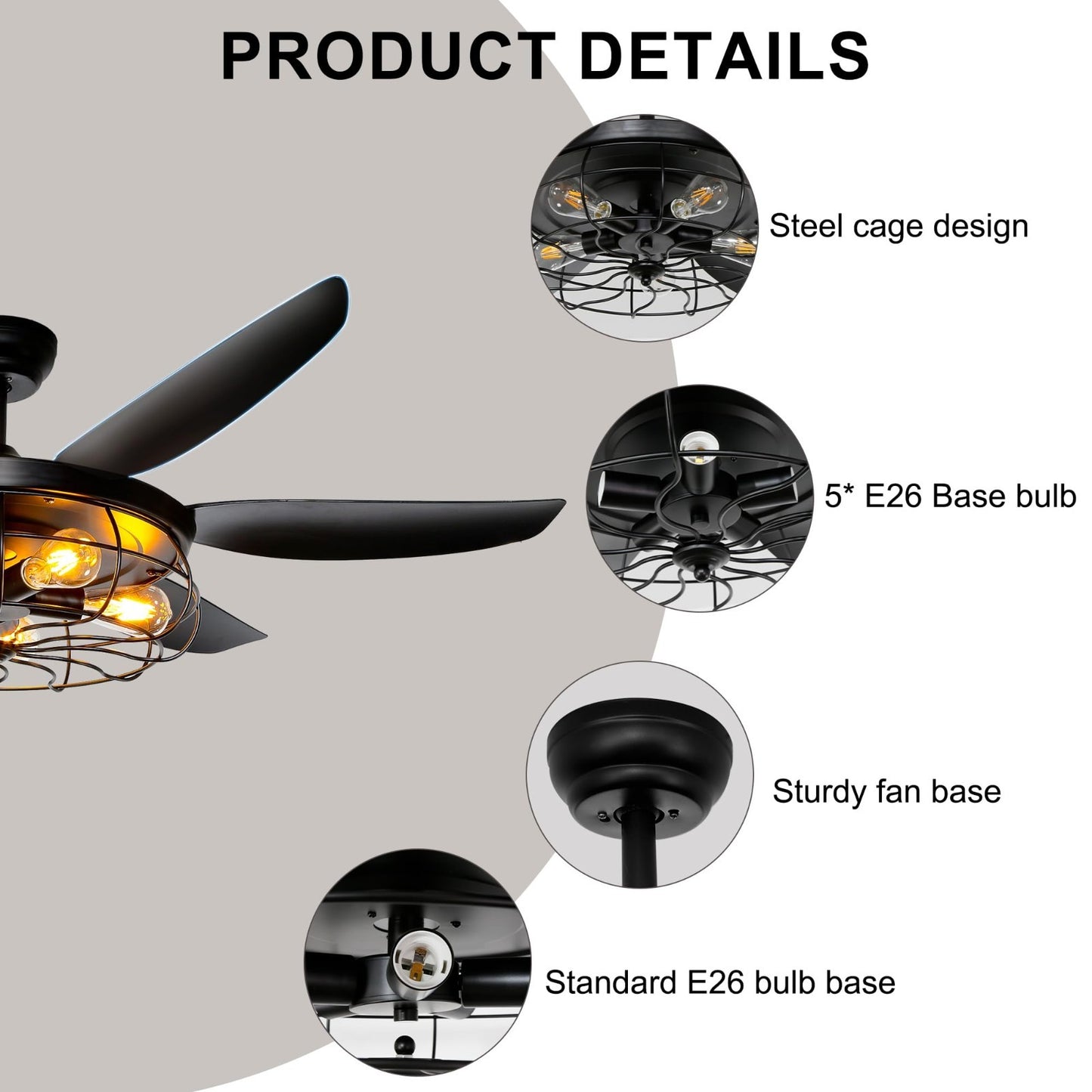 52" Rustic Farmhouse Ceiling Fan with Lights & Remote | Caged Fixture for Indoor5