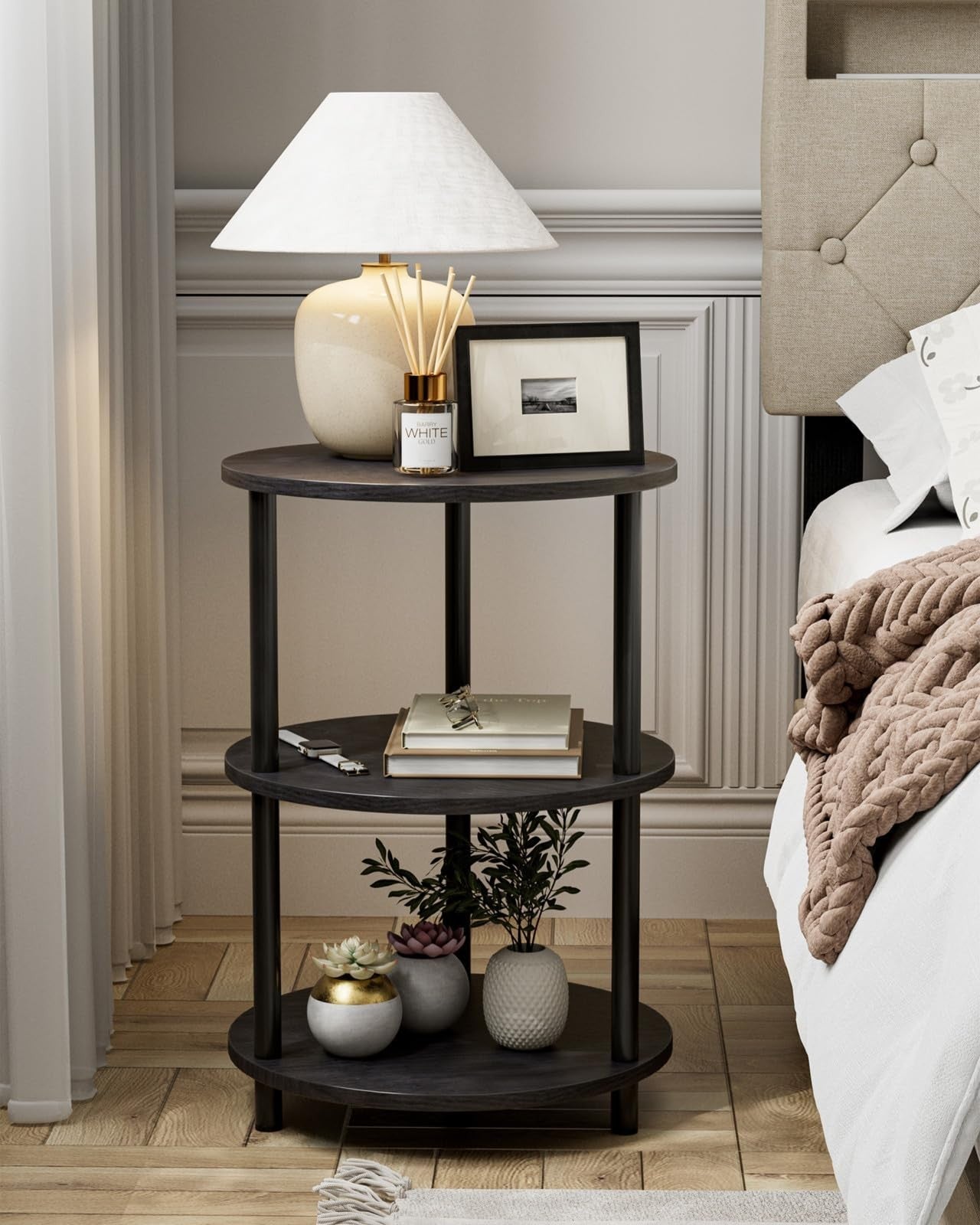 Round Coffee Table - Industrial Vintage Nightstand for Living Room, Bedroom & Sm6
