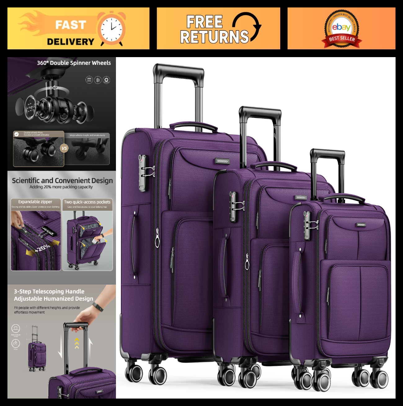 3-Piece Expandable Softside Luggage Set, Durable Oxford Fabric, 360° Spinner Whe0