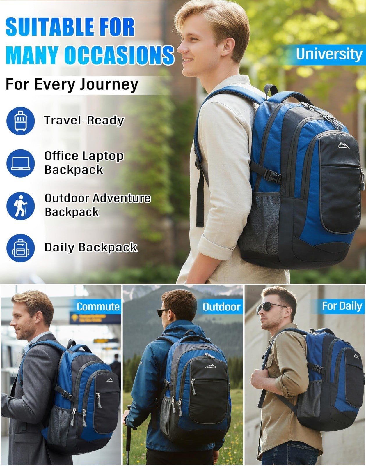 Extra Large Multi Compartment Backpack for College, Travel, Business & Hiking  5