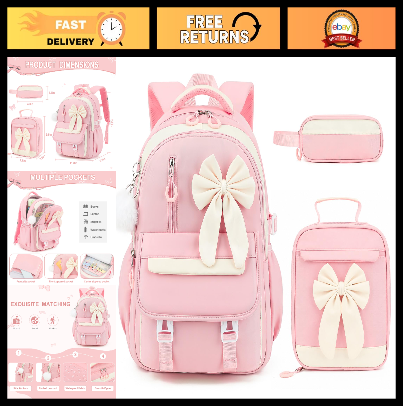 Girls Bow Backpack Set   3PCS with Lunch Bag & Pencil Case, Stylish School Bag0