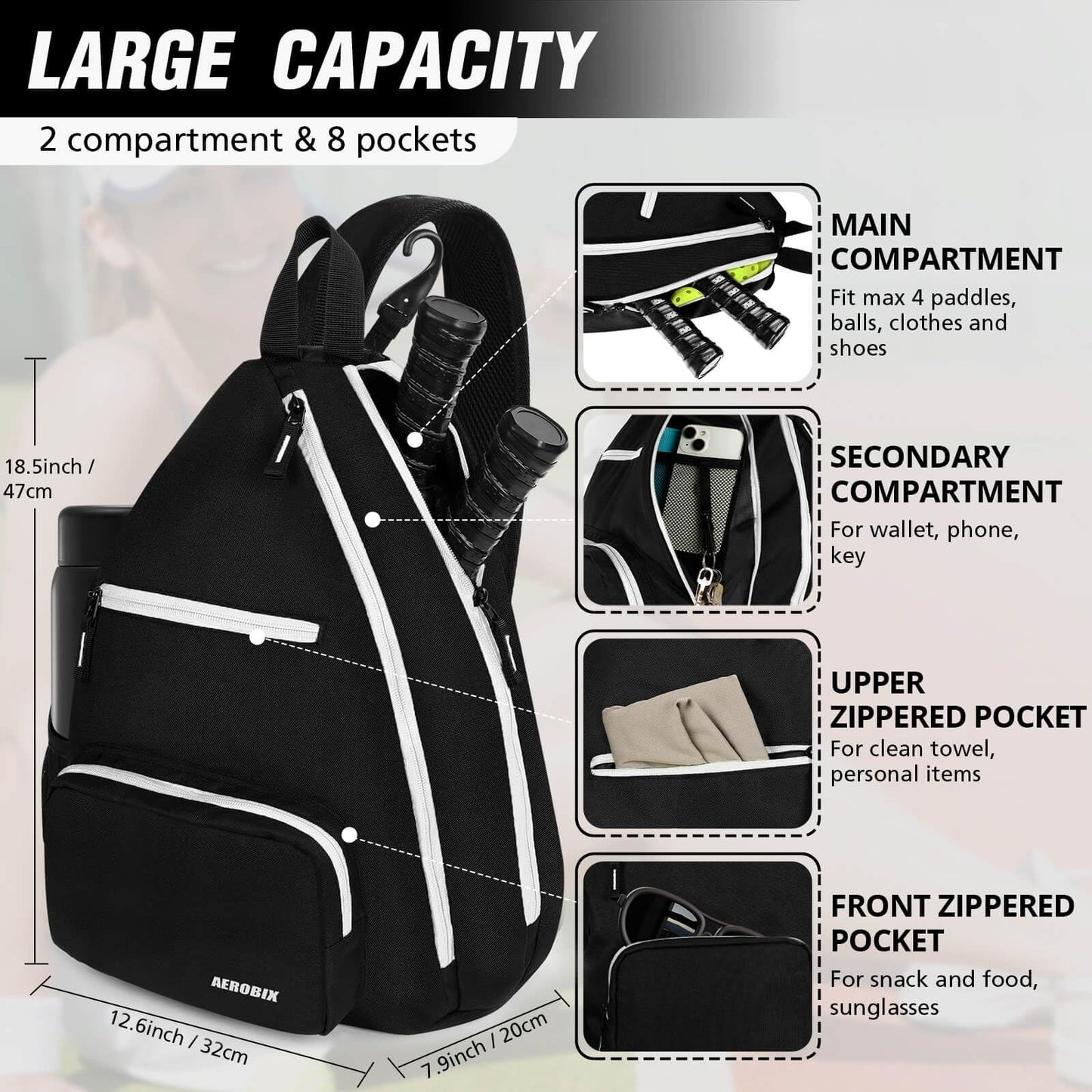 Large Capacity Pickleball Backpack with Padded Paddle Pocket & Upgraded Zippers8