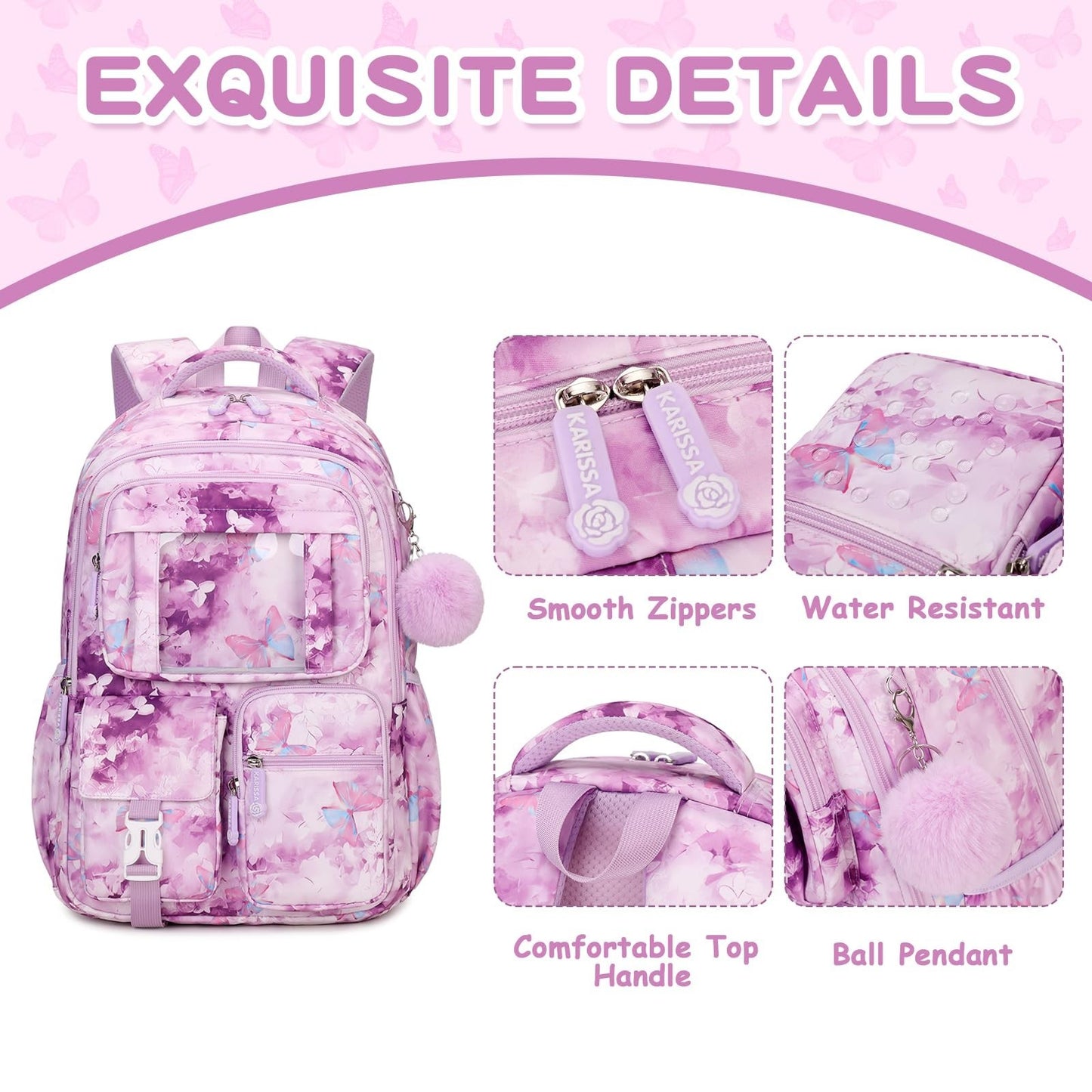 Kawaii Purple Butterfly Kids Backpack for Girls - School Bag for Middle & Elemen5