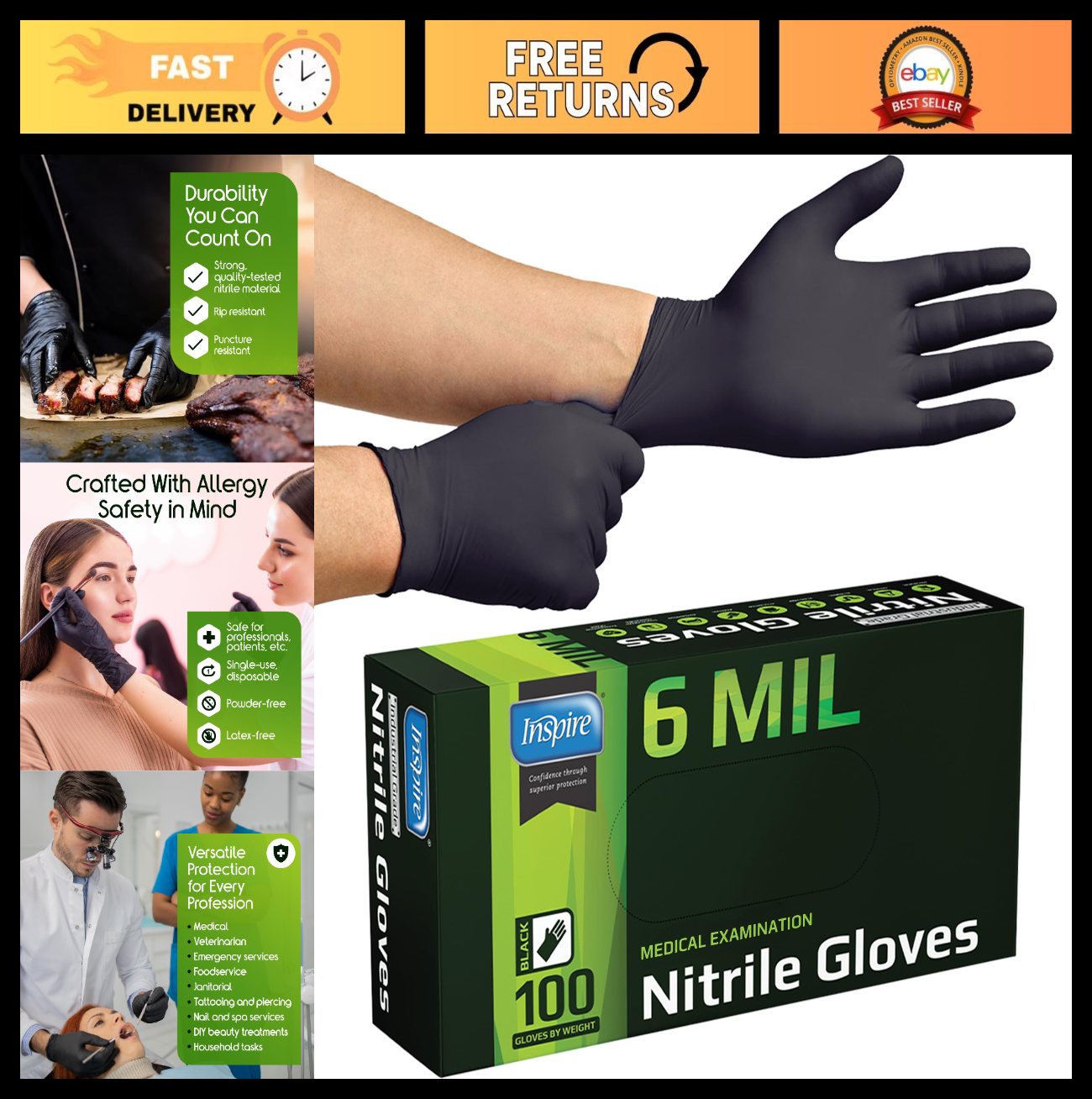 Heavy Duty Black Nitrile Gloves   6 Mil, Chemical Resistant, Disposable, Medical0