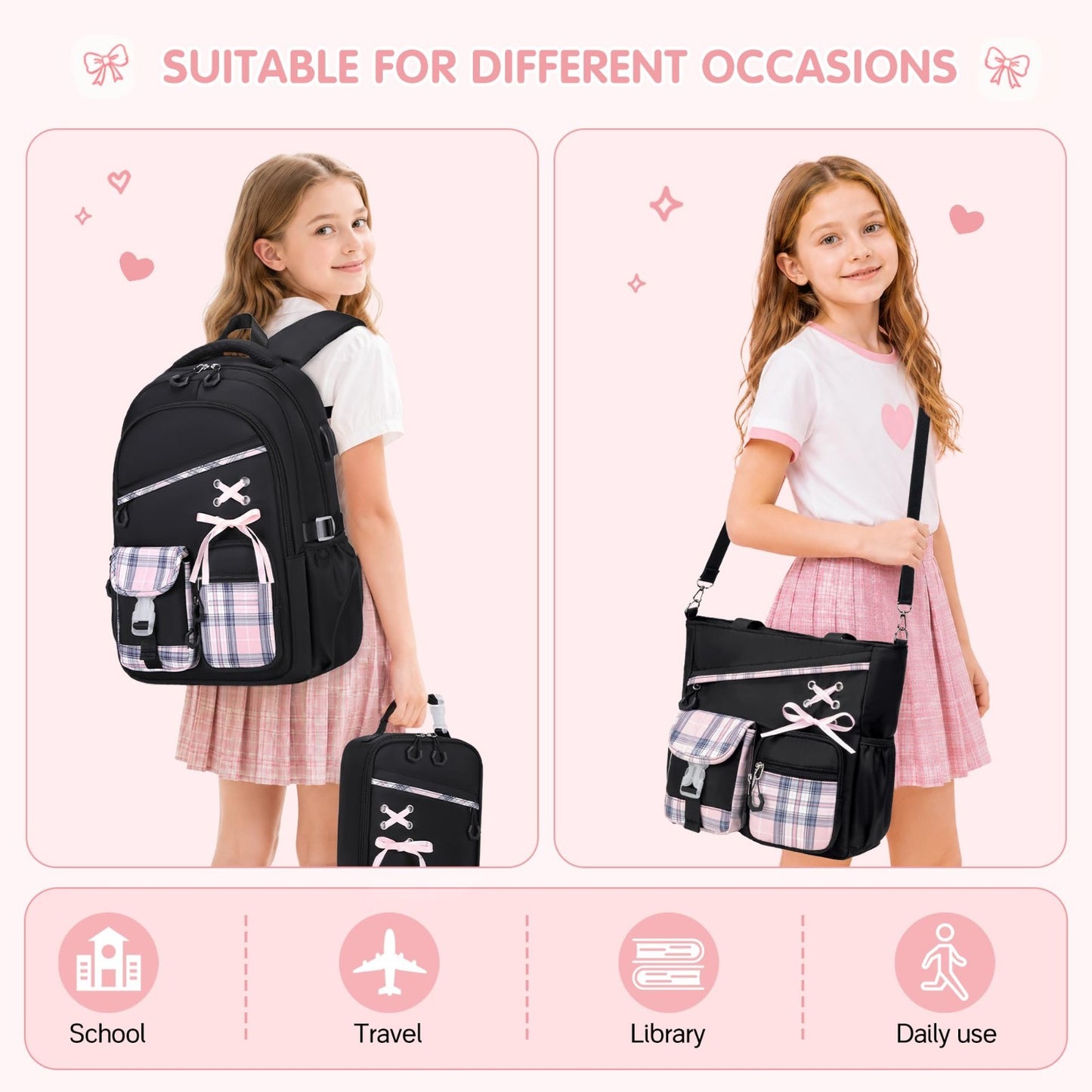 4PCS Girls Backpack Set with Tote Bag, Lunch Bag & Pencil Pouch   Stylish & Func2