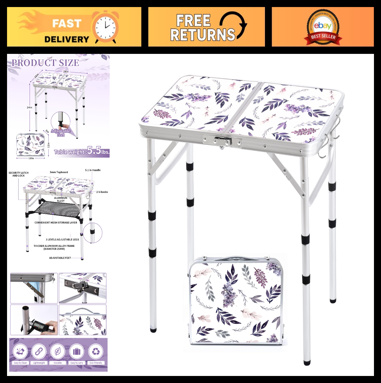Portable Folding Camping Table - 2ft Adjustable Height Picnic Table, Lightweight0
