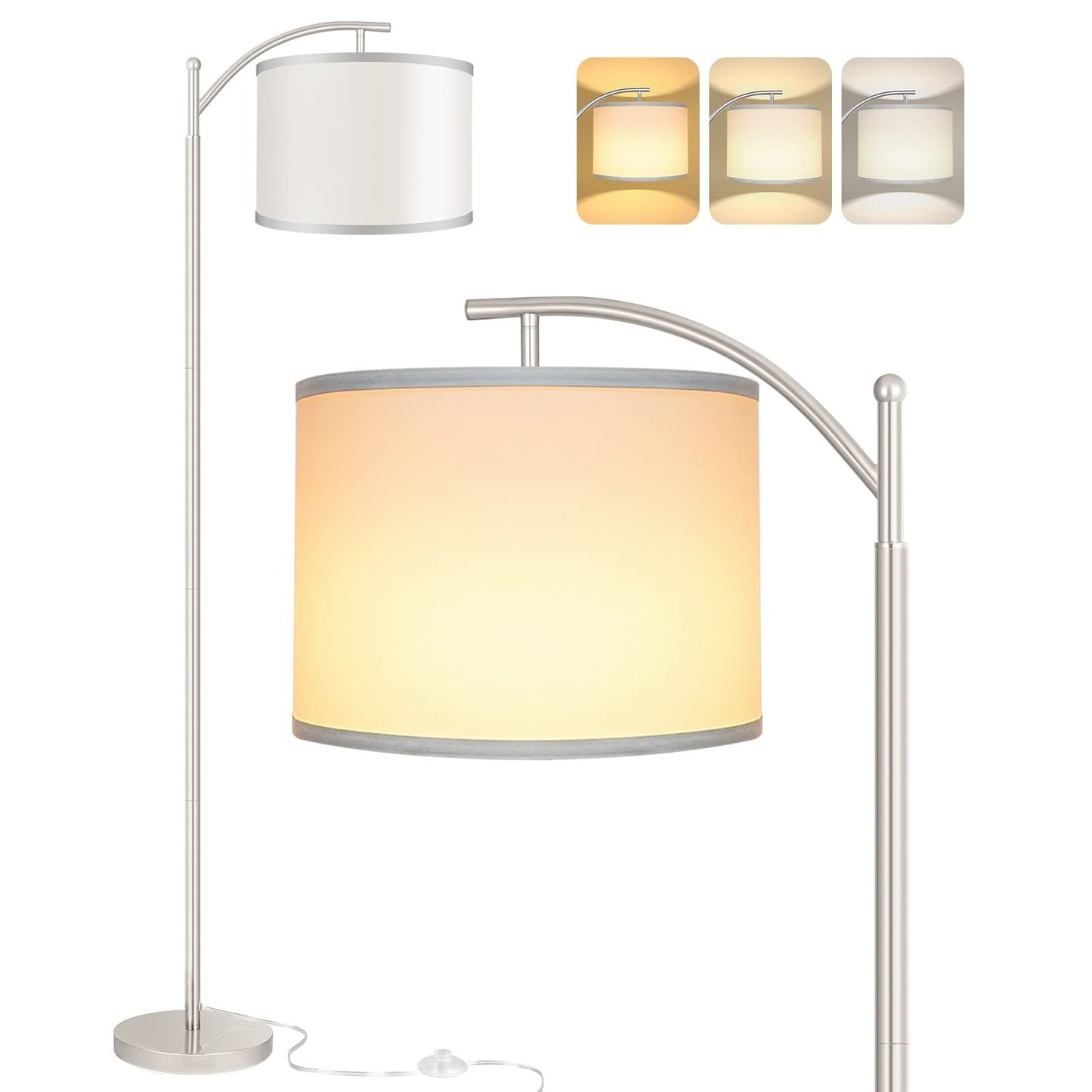 Tall Industrial Floor Lamp with 3 Color Temperatures, LED Bulb & White Shade   P1