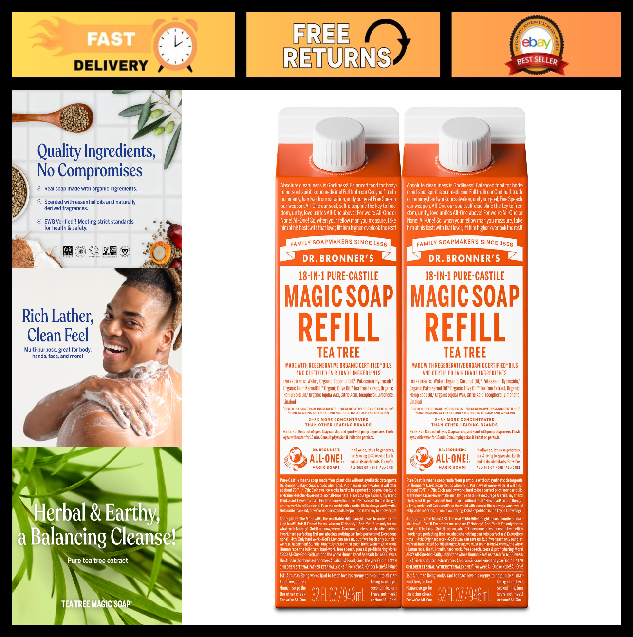 Pure Castile Liquid Soap Refill - Tea Tree, 32oz 2-Pack, Organic, Vegan, Multi-U0