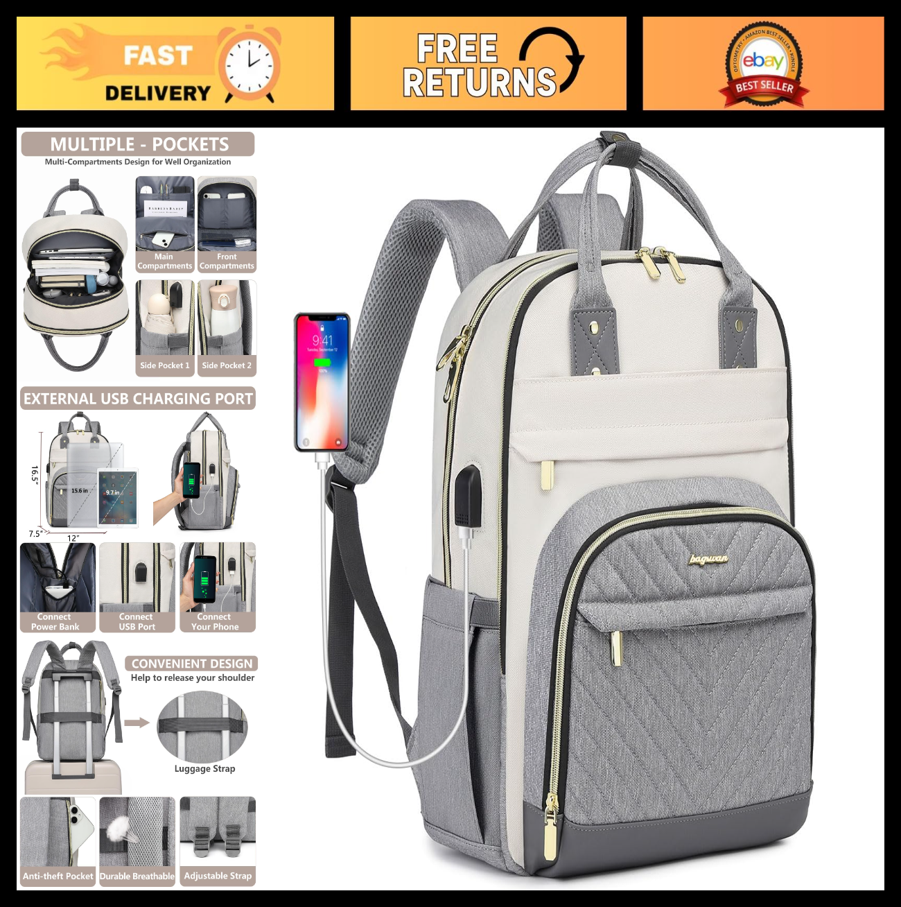 Stylish Laptop Backpack for Women   Travel Purse with USB Charger, 15.6" Waterpr0