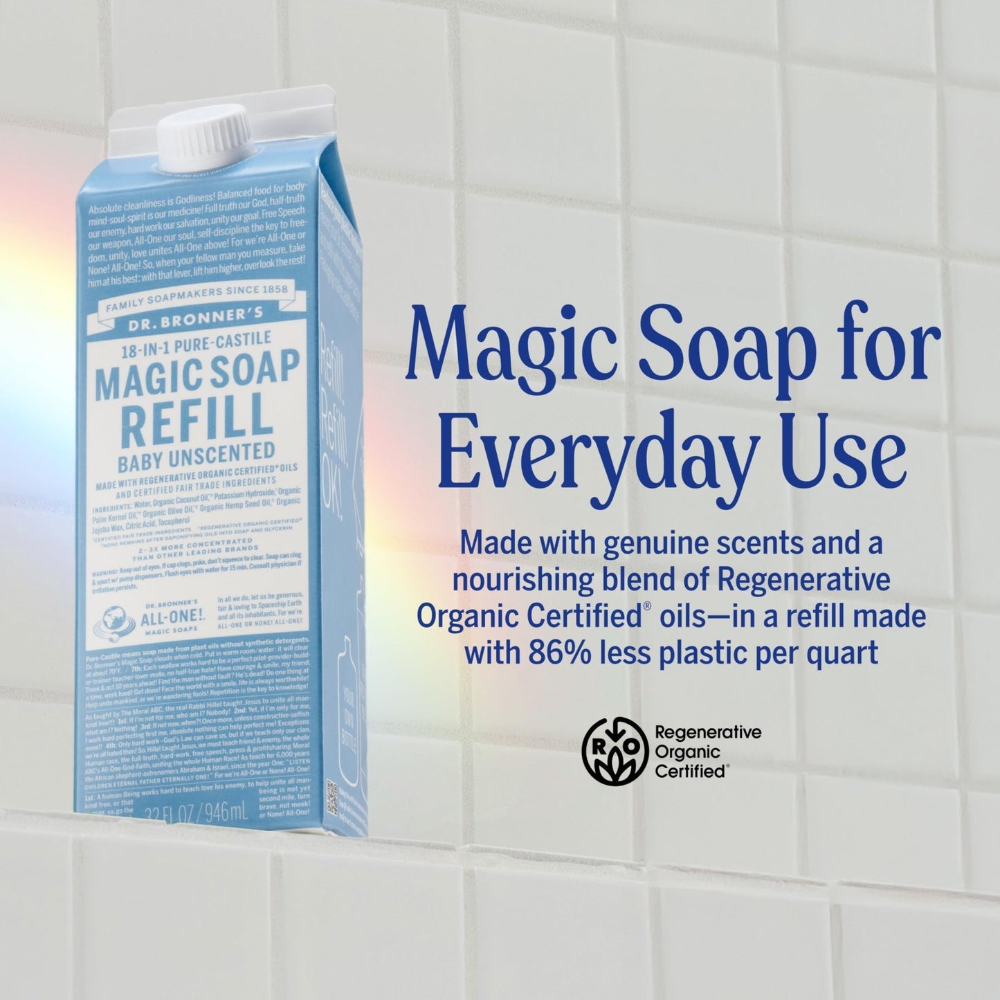 Pure Castile Liquid Soap Refill - Baby Unscented, 32oz 2-Pack, Organic, Vegan, M2