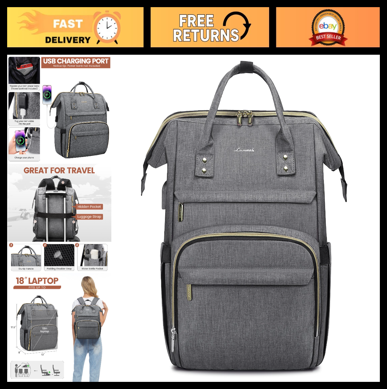 Stylish 18" Laptop Backpack for Women   Waterproof Travel Bag with USB Port, Gre0