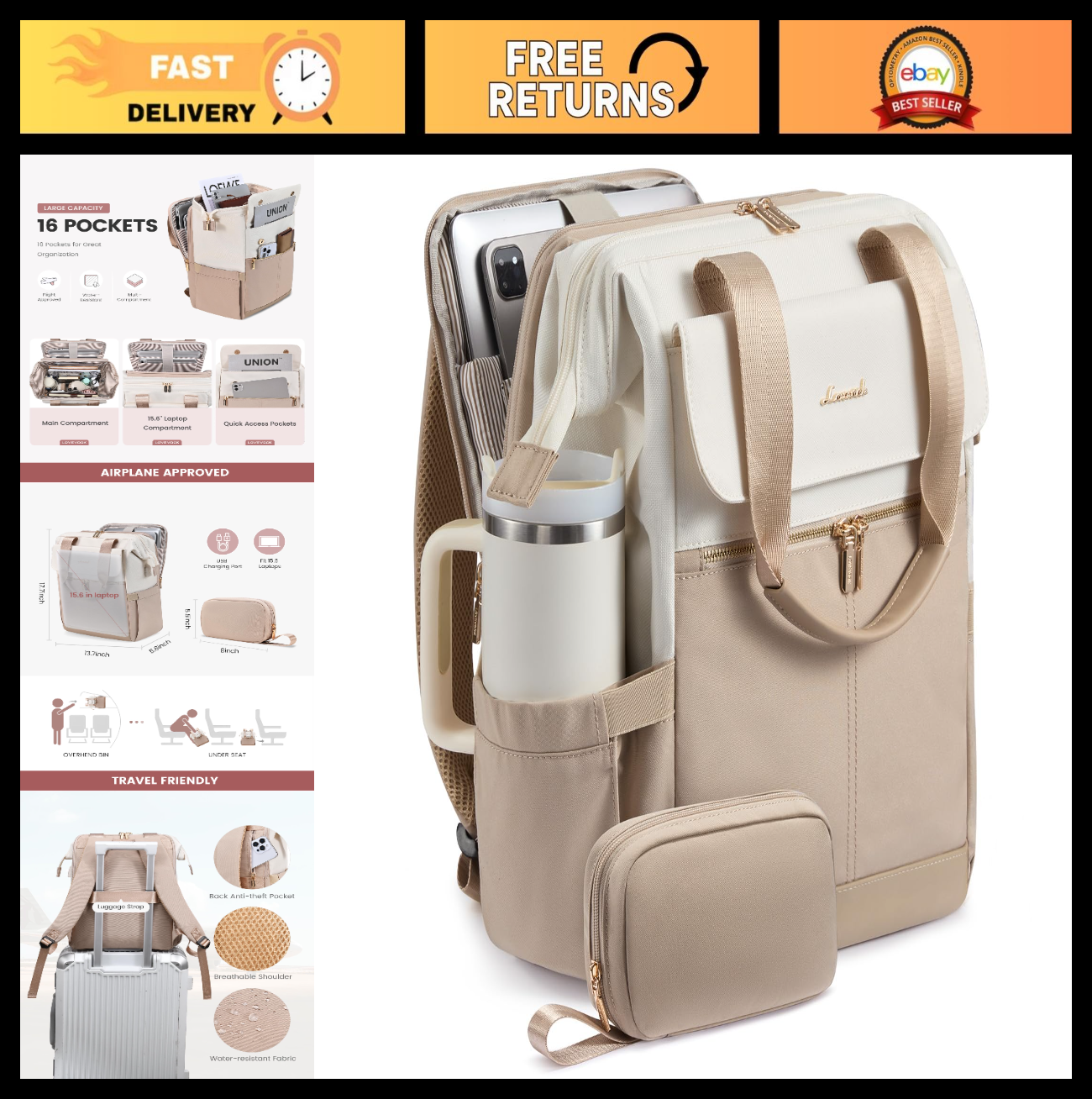 Stylish 15.6" Laptop Backpack for Women, USB Port, Waterproof, Tumbler Holder, B0