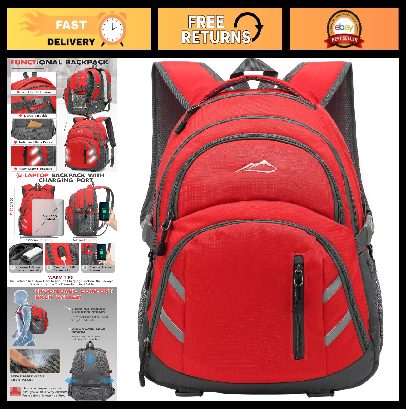 College Laptop Backpack with USB Charging Port, Anti Theft, Fits 15.6"   Red0