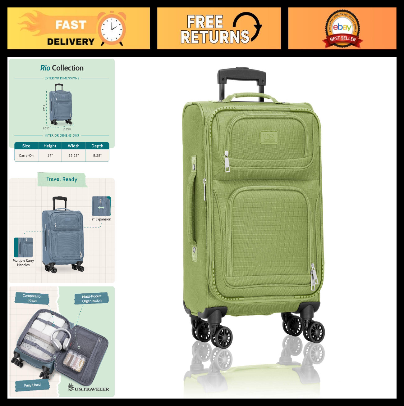 Lightweight Softside Rolling Carry-on Suitcase - 4-Wheel Travel Luggage, Green0