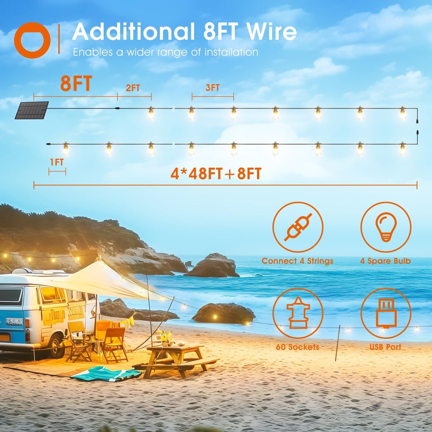 200FT Solar String Lights Outdoor, IP65 Waterproof, USB Charging, Dimmable Timer5