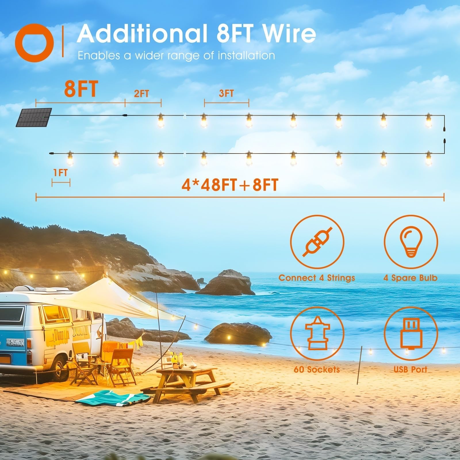 200FT Solar String Lights Outdoor, IP65 Waterproof, USB Charging, Dimmable Timer5