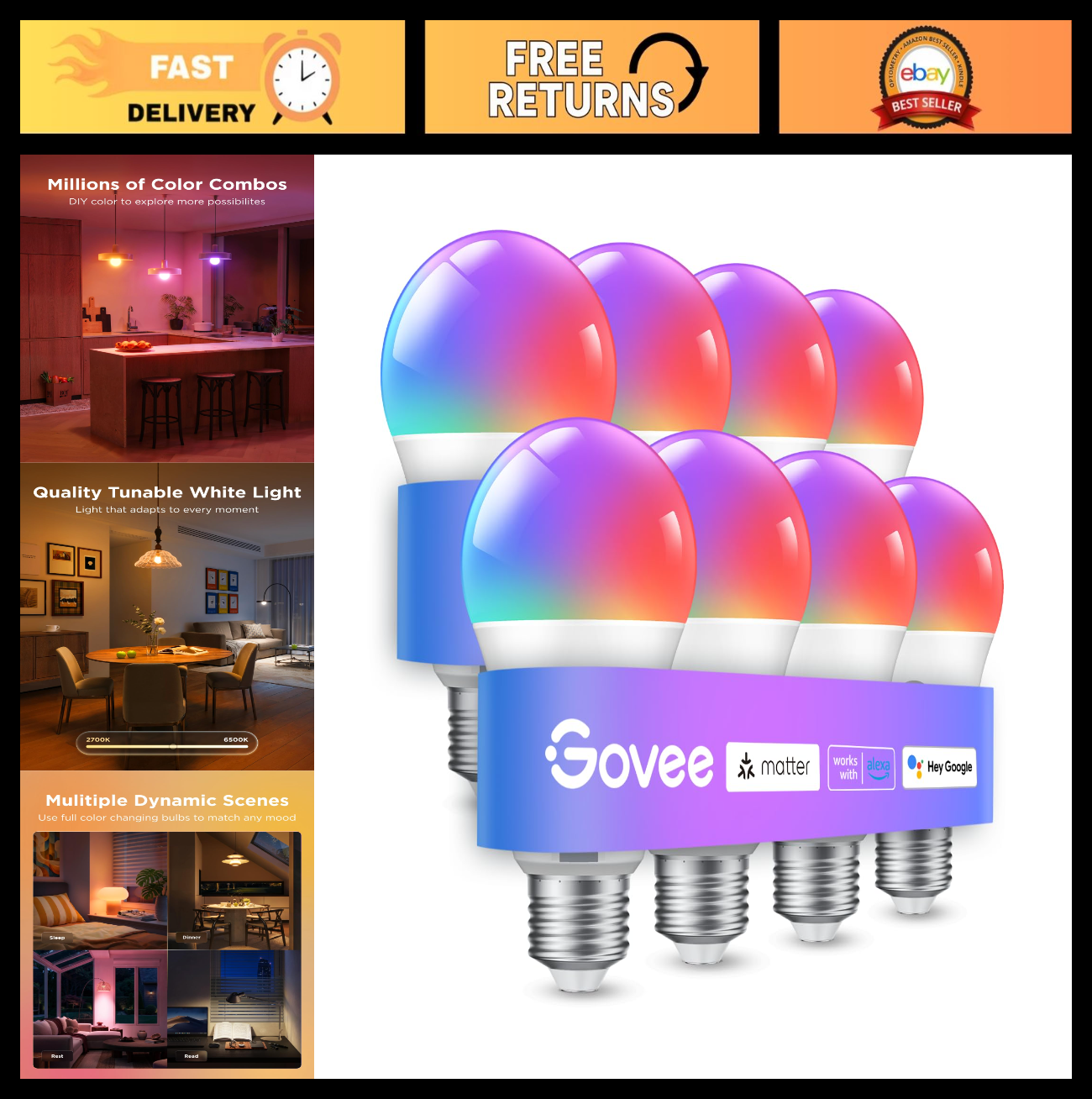 Smart LED Light Bulbs 800 Lumen, 8 Pack, RGBWW Color Changing, WiFi & Bluetooth,0