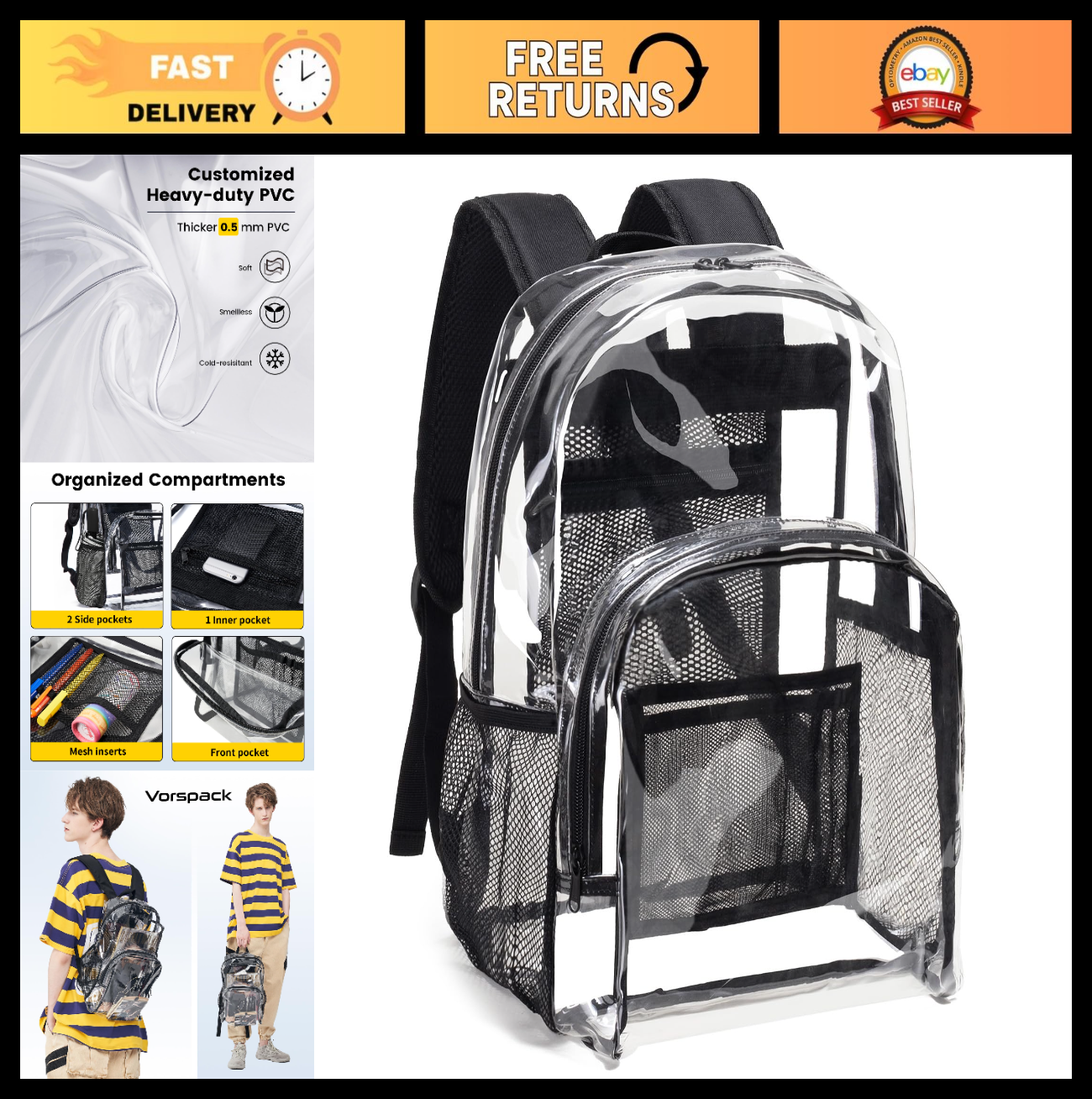 Clear PVC Backpack Heavy Duty Transparent Bag with Reinforced Straps - Large Cap0