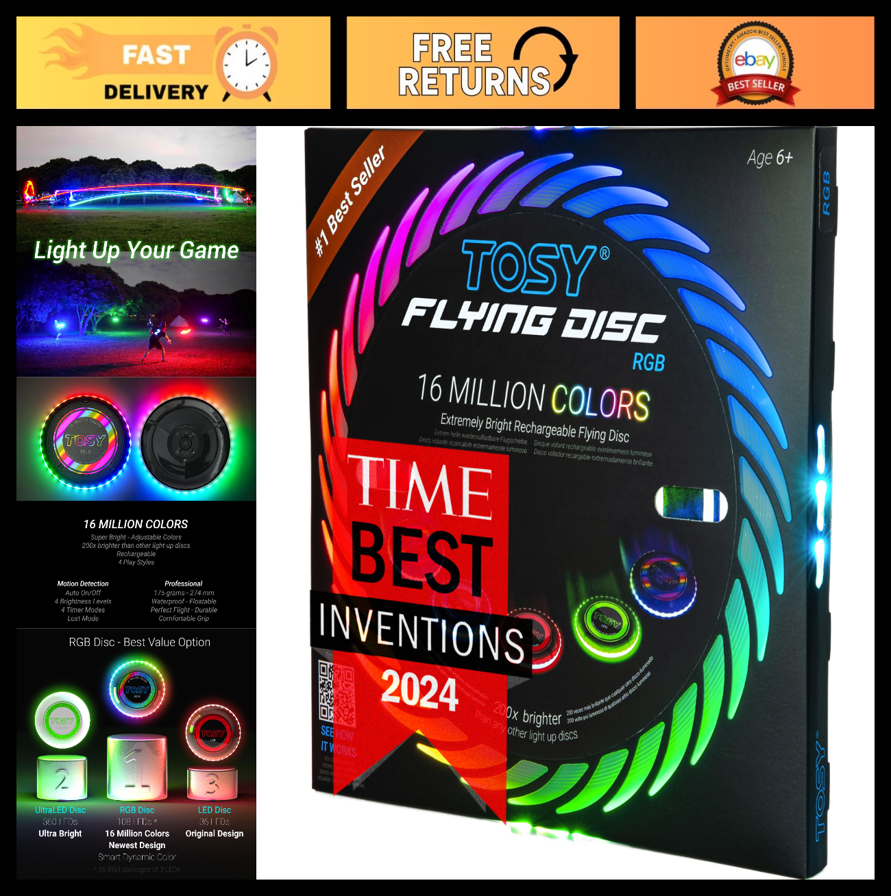 RGB Flying Disc   16 Million Colors, Bright LED Modes, Rechargeable, Waterproof,0