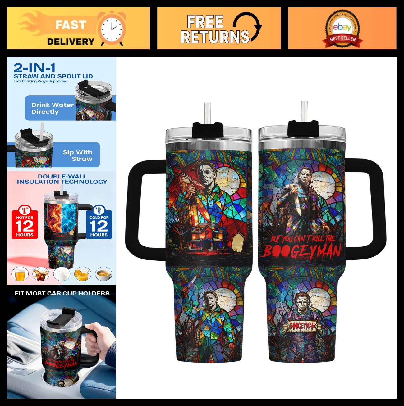 34oz Insulated Gothic Tumbler   Spooky Horror Art Travel Mug for Halloween0