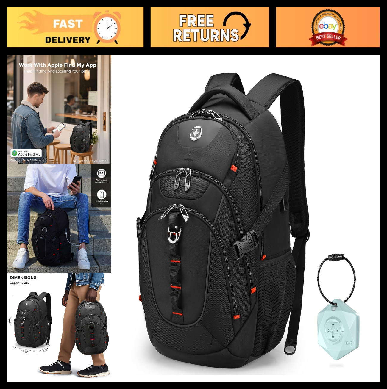Travel Backpack for Men   RFID Protection, USB Charging, Apple Find My, Add A Ba0