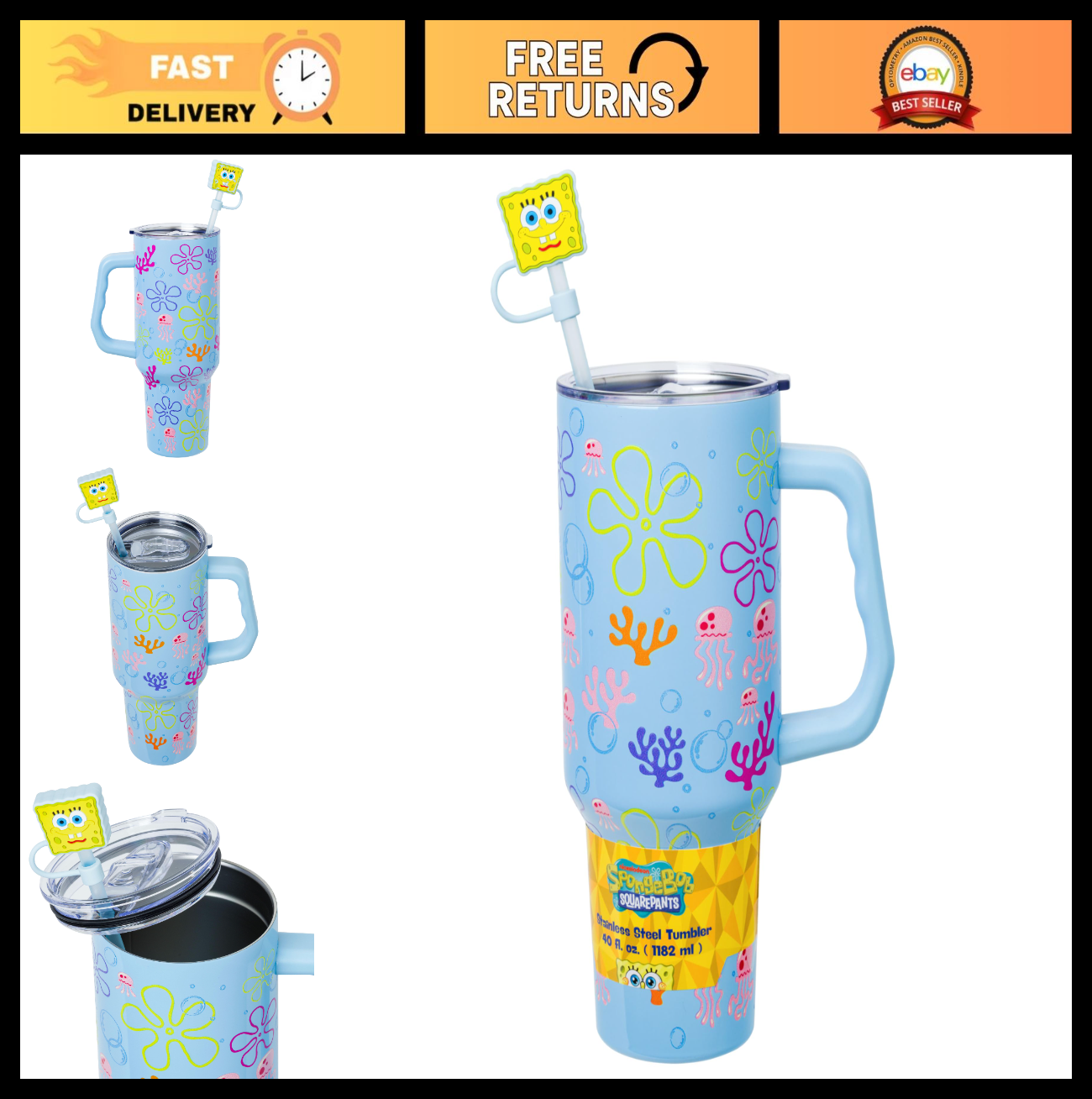 40oz Double Walled Stainless Steel Tumbler with Handle & Straw   Spongebob Jelly0