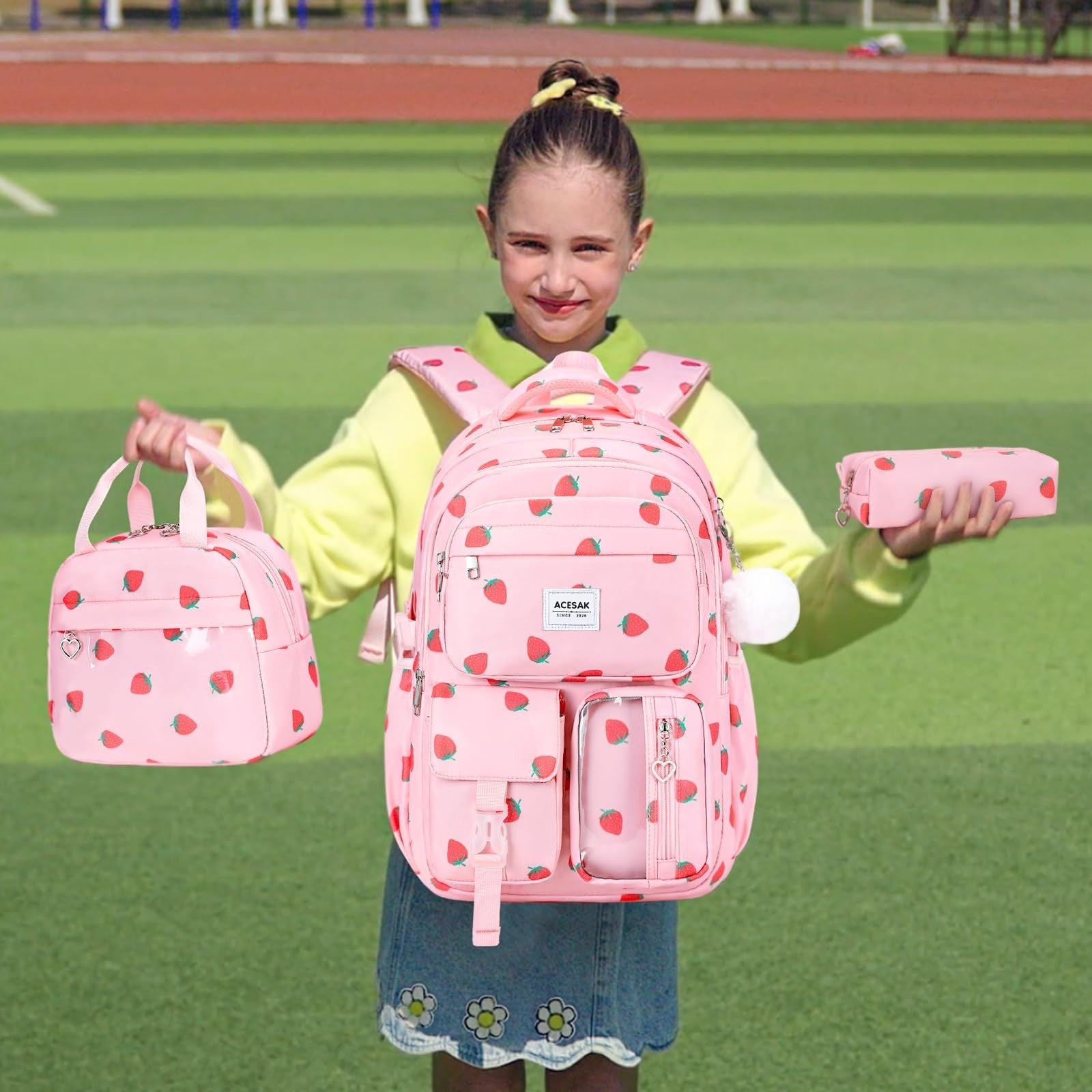 Stylish Girls Backpack with Lunch Bag & Pencil Pouch   Teen School Bookbag, Pink2