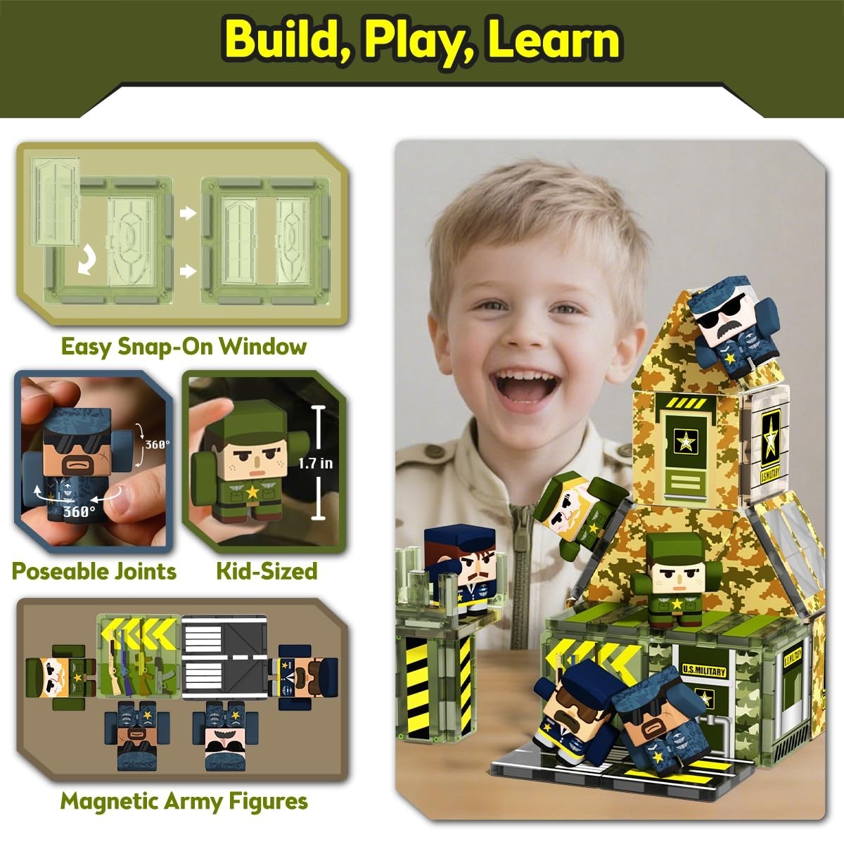 100PCS Magnetic Building Tiles Set - STEM Educational Toy with Army Figures for1