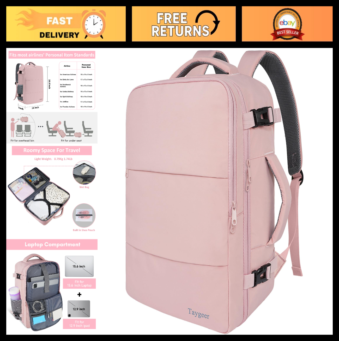 Travel Backpack for Women   TSA Approved Carry On, 15.6" Laptop Bag, Water Bottl0