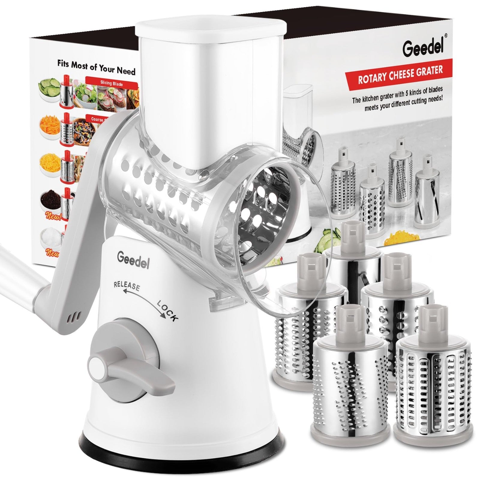 Rotary Cheese Grater & Vegetable Slicer   5 Blades, Stainless Steel, Fast Cuttin1