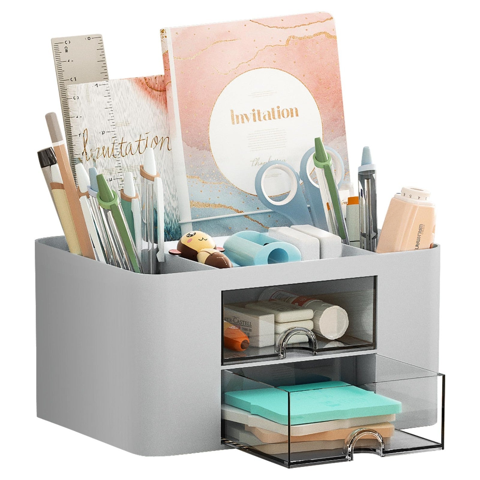 Multi Functional Desk Organizer with 2 Drawers, 5 Compartments, Pencil Holder, G1