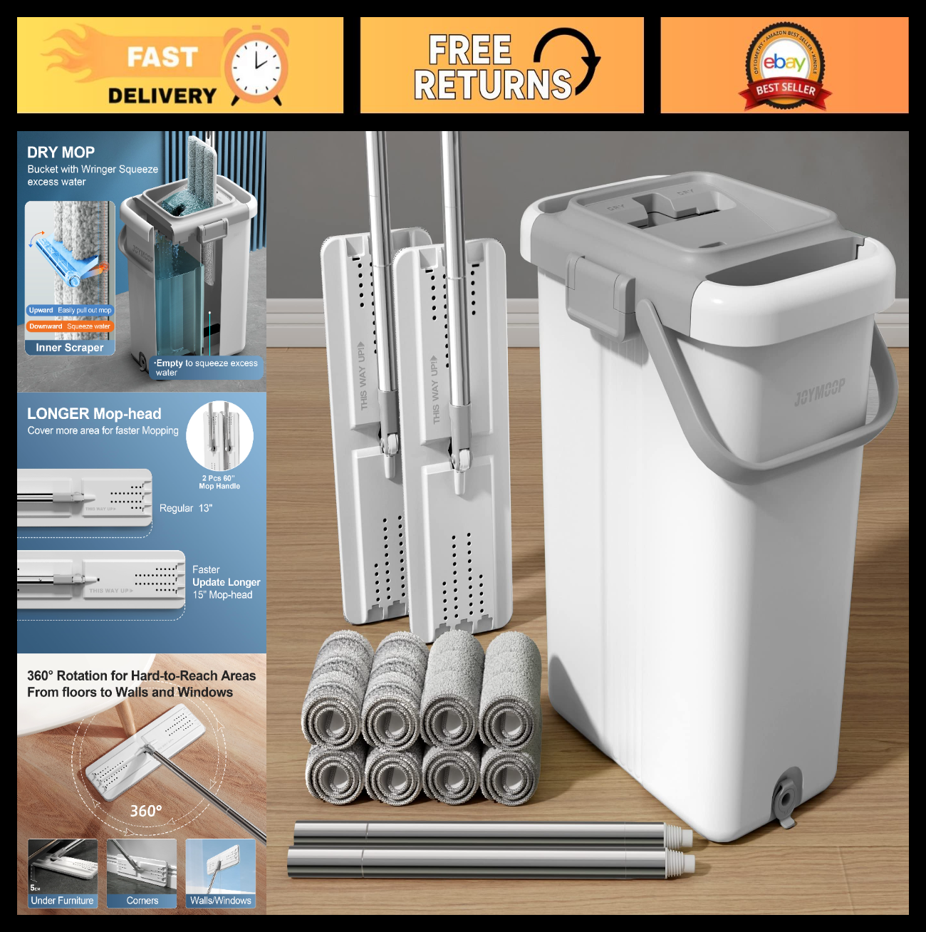 Mop and Bucket Set for Floor & Wall Cleaning, Flat Mop System with 60" Dual Mops0
