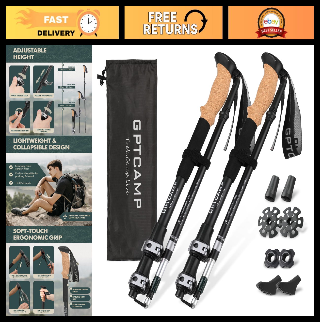 Collapsible Trekking Poles - Lightweight Adjustable Hiking Sticks, 2pc Set with0