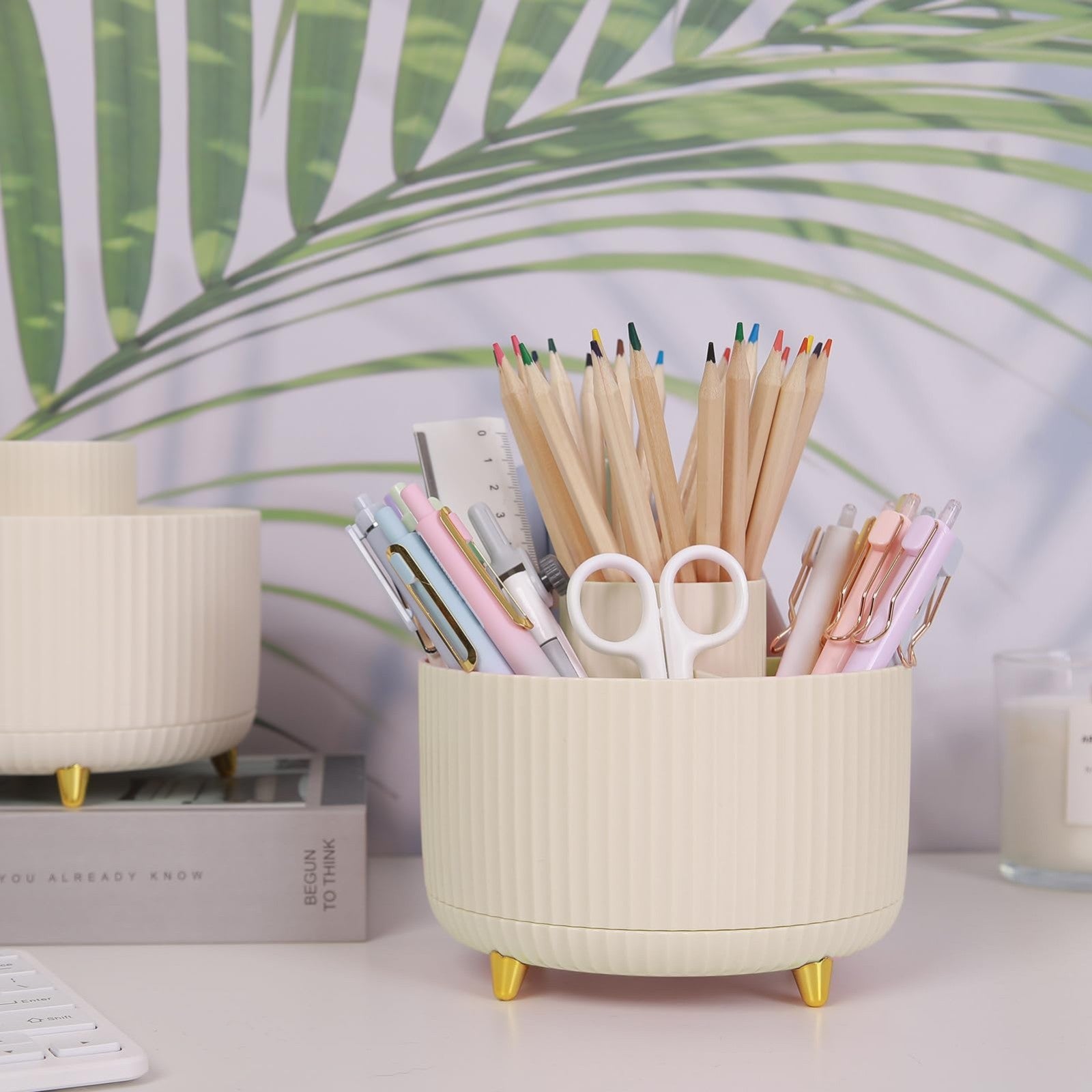 2 Pack 360° Rotating Pen Holder, Desk Organizer with 5 Slots, Office & School Su4