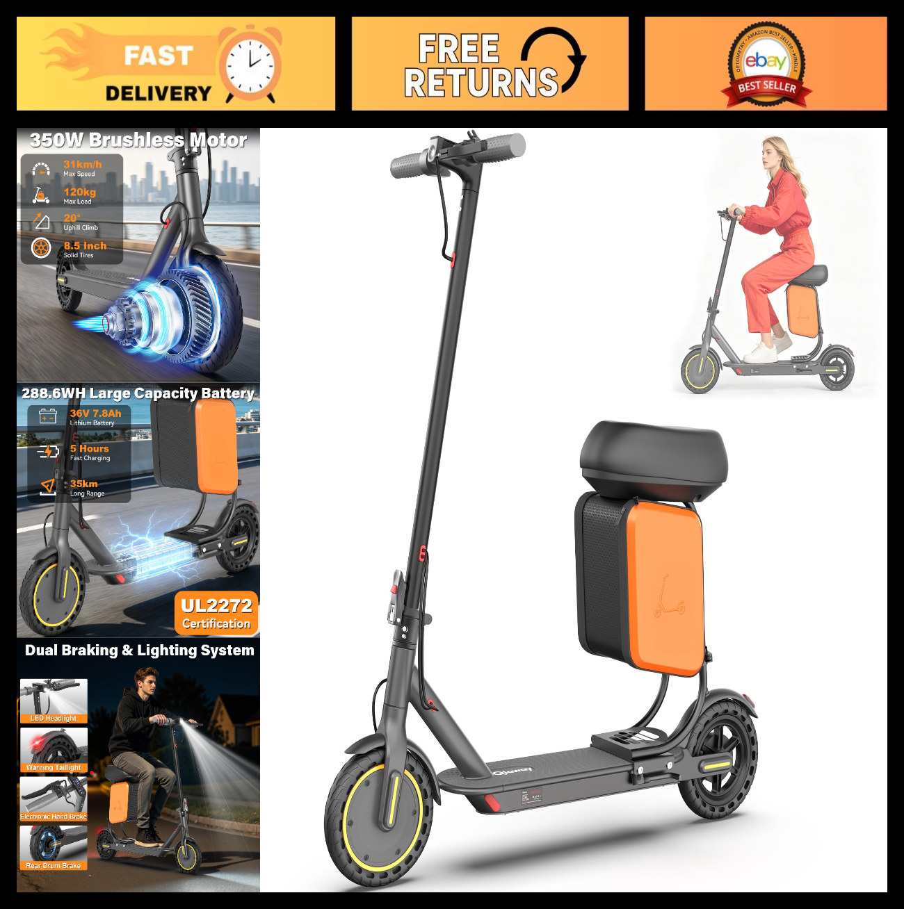 Electric Scooter 8.5''/10'' - 19/20MPH, 700/1000W Motor, 15/22 Miles Range, Port0