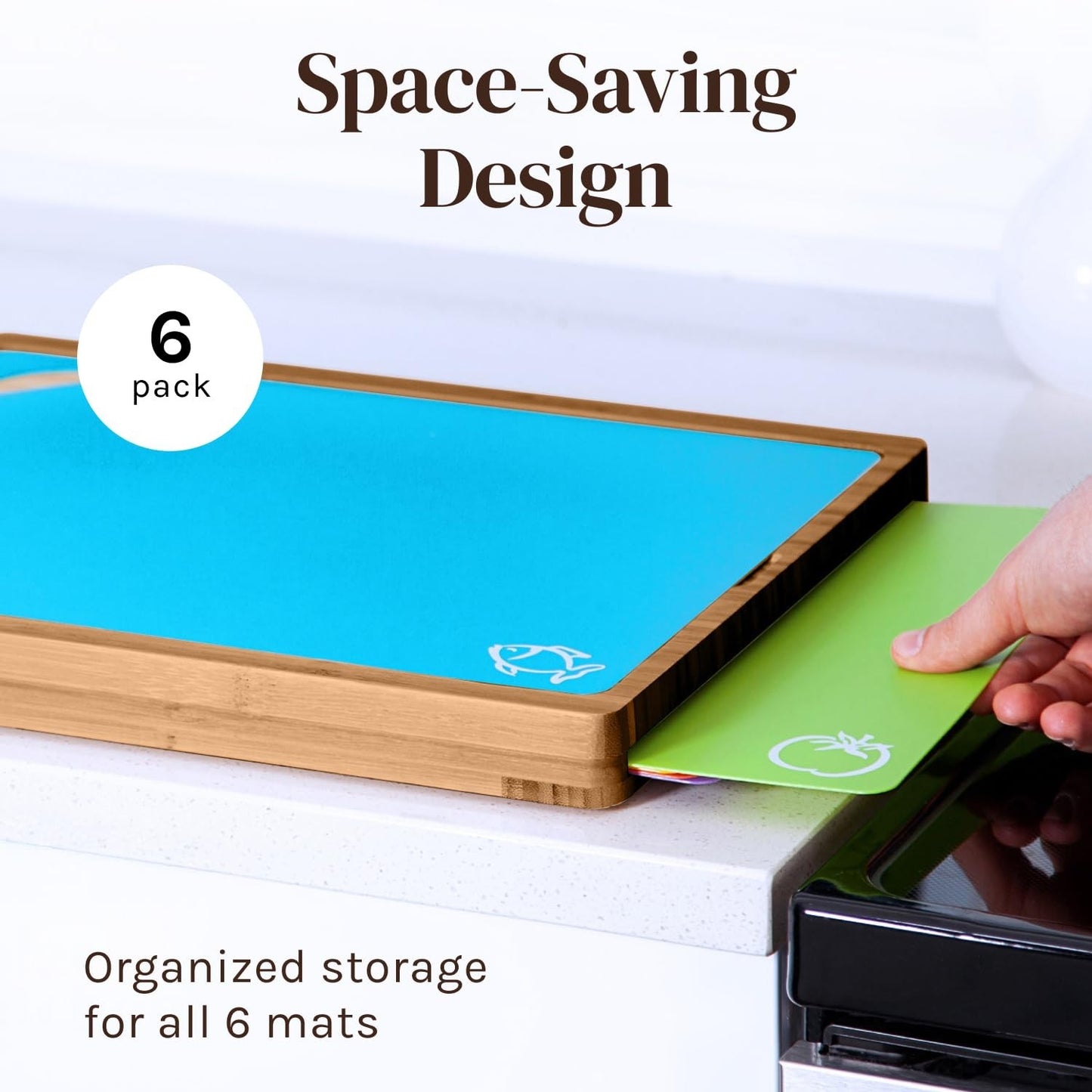 Bamboo Cutting Board Set with 6 Color-Coded Chopping Mats, Non-Toxic & Dishwashe2