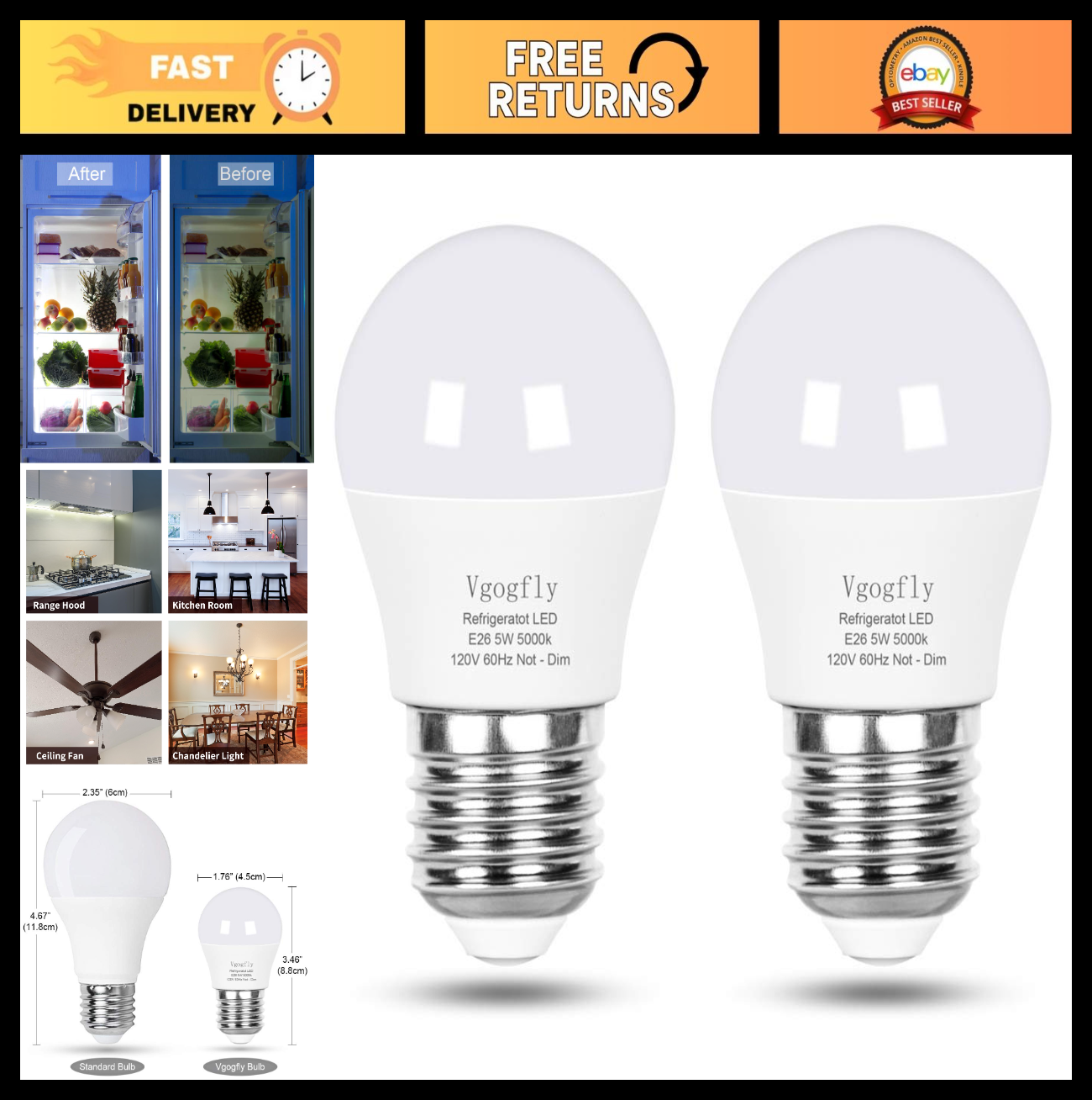 2 Pack LED Fridge Light Bulbs 40W Equivalent Daylight White 5000K Waterproof E260
